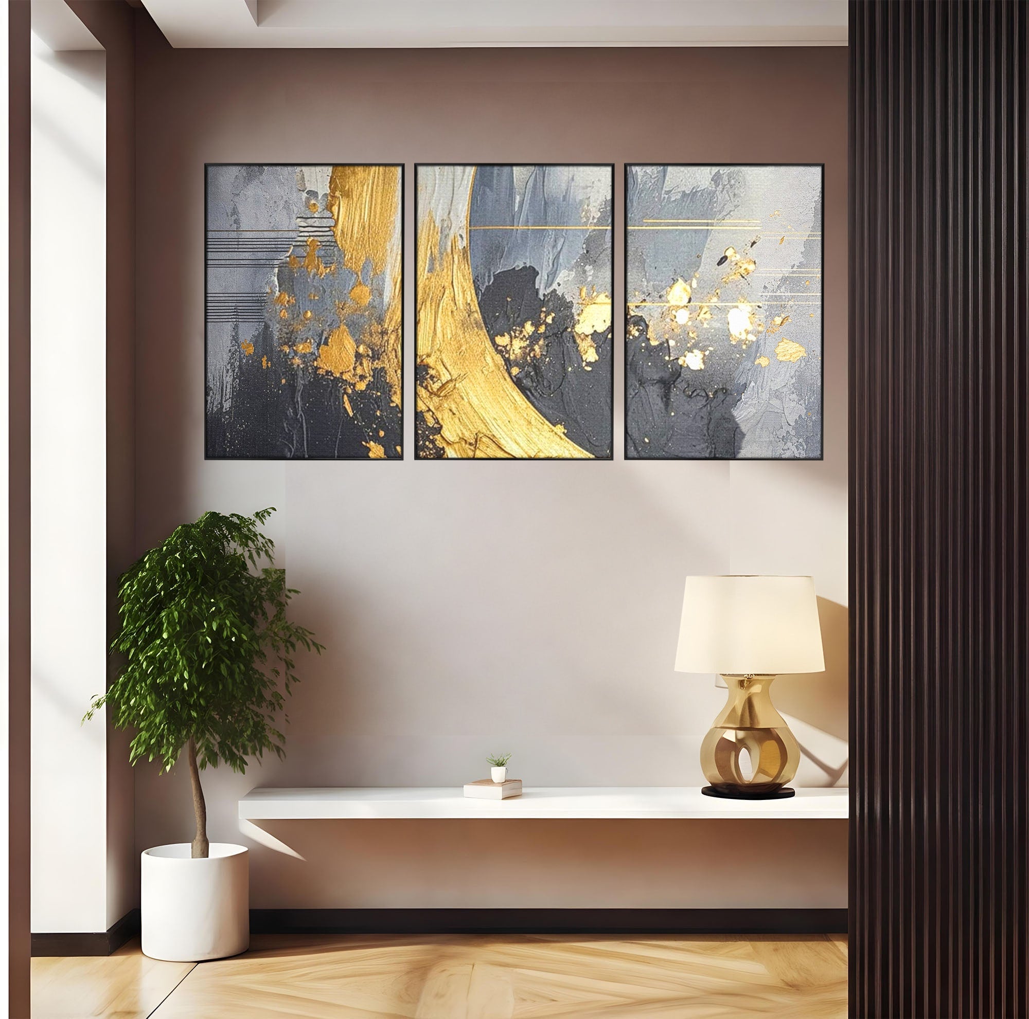 Set 3 Tablouri Canvas Premium LuxCanva® C3-1305, Tacere turnata in aur, Geometrie, Culori, Abstract, Auriu, Valuri, Minimalism, Design, Curgere, Miscare, Interior, Expozitie, Arta, Birou, Living, Dormitor
