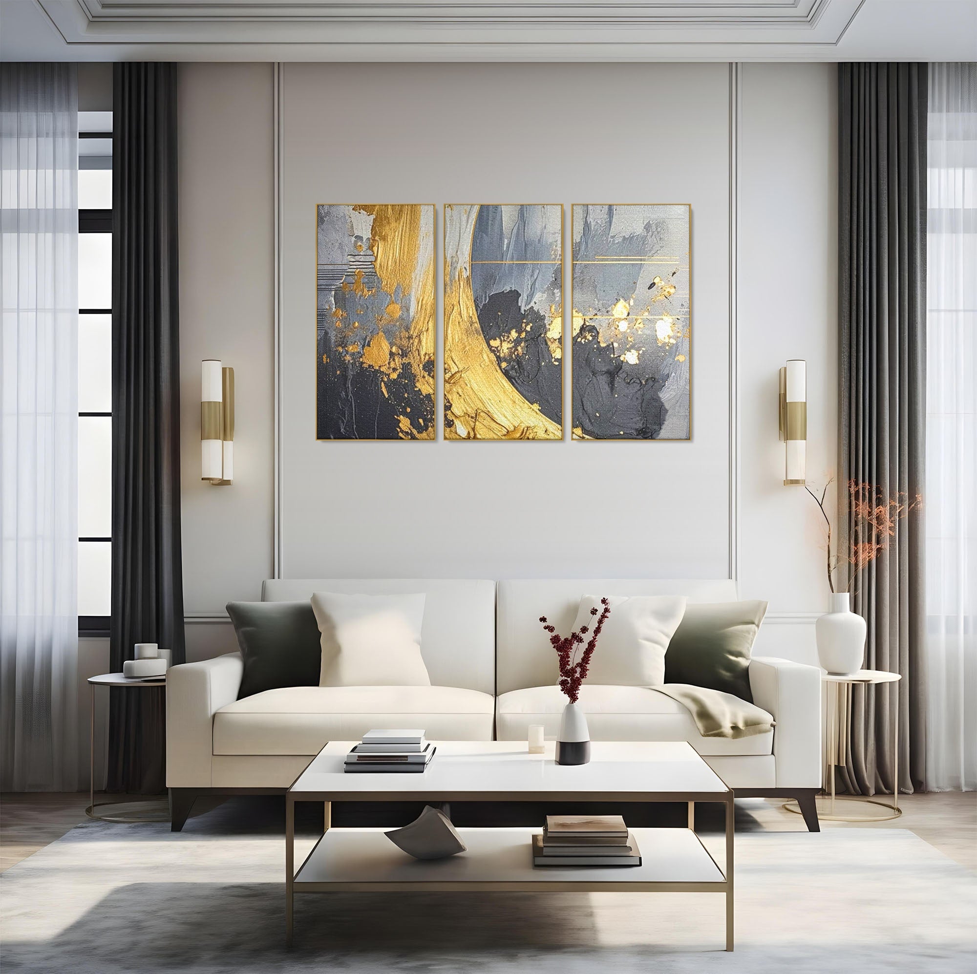 Set 3 Tablouri Canvas Premium LuxCanva® C3-1305, Tacere turnata in aur, Geometrie, Culori, Abstract, Auriu, Valuri, Minimalism, Design, Curgere, Miscare, Interior, Expozitie, Arta, Birou, Living, Dormitor