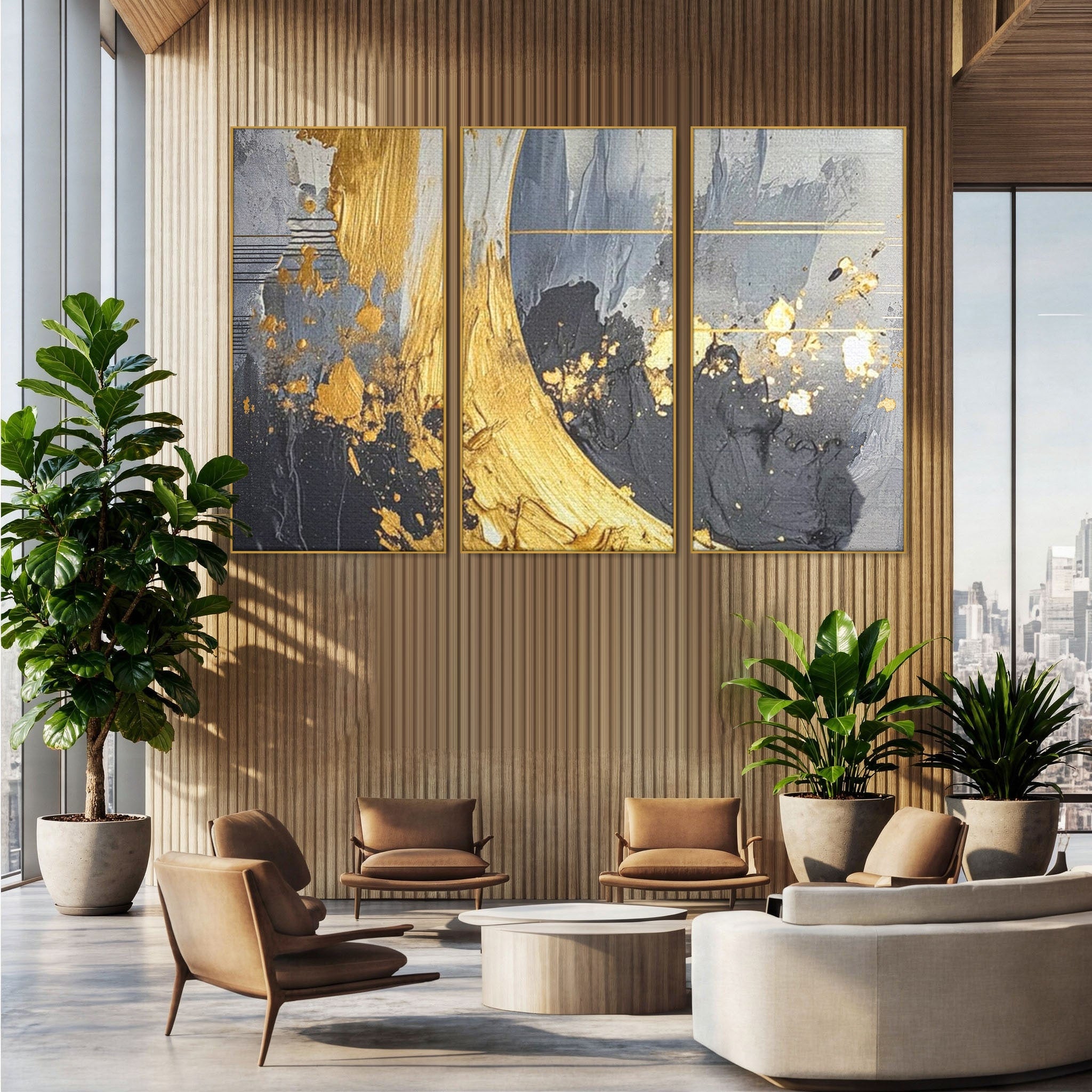 Set 3 Tablouri Canvas Premium LuxCanva® C3-1305, Tacere turnata in aur, Geometrie, Culori, Abstract, Auriu, Valuri, Minimalism, Design, Curgere, Miscare, Interior, Expozitie, Arta, Birou, Living, Dormitor