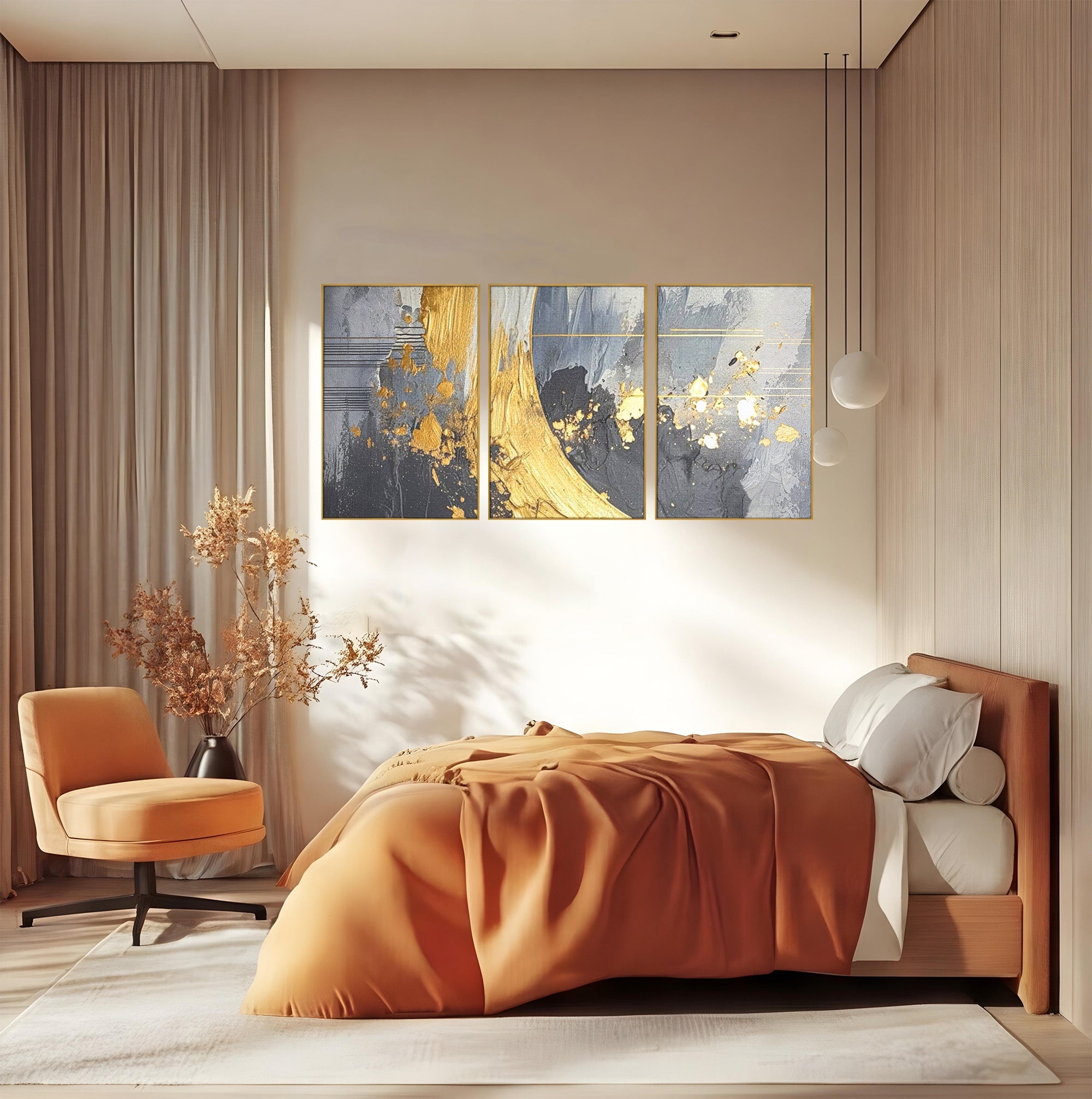 Set 3 Tablouri Canvas Premium LuxCanva® C3-1305, Tacere turnata in aur, Geometrie, Culori, Abstract, Auriu, Valuri, Minimalism, Design, Curgere, Miscare, Interior, Expozitie, Arta, Birou, Living, Dormitor