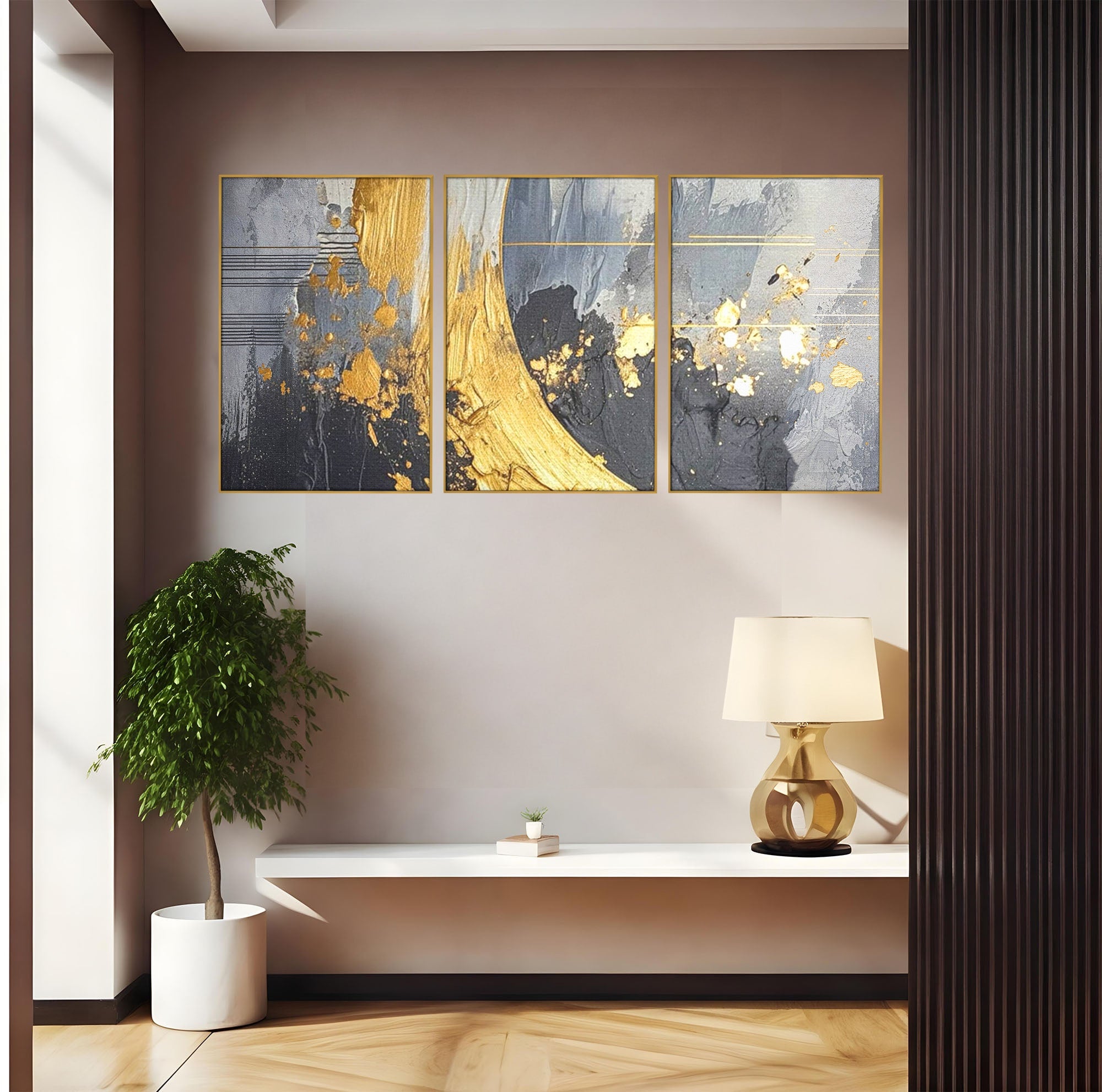 Set 3 Tablouri Canvas Premium LuxCanva® C3-1305, Tacere turnata in aur, Geometrie, Culori, Abstract, Auriu, Valuri, Minimalism, Design, Curgere, Miscare, Interior, Expozitie, Arta, Birou, Living, Dormitor