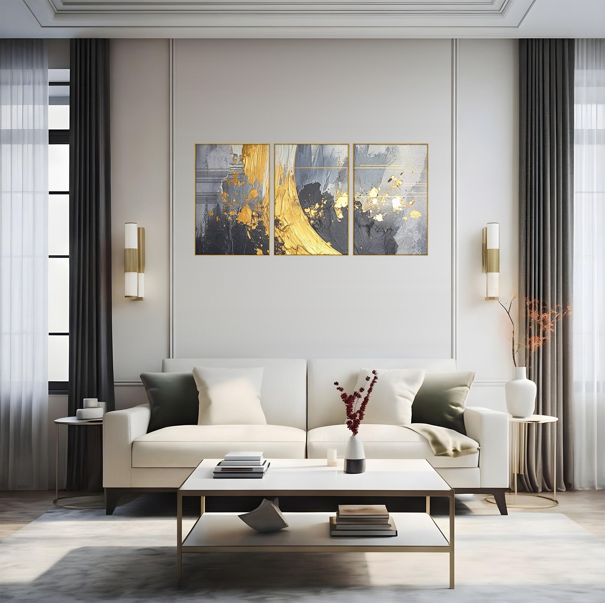 Set 3 Tablouri Canvas Premium LuxCanva® C3-1305, Tacere turnata in aur, Geometrie, Culori, Abstract, Auriu, Valuri, Minimalism, Design, Curgere, Miscare, Interior, Expozitie, Arta, Birou, Living, Dormitor