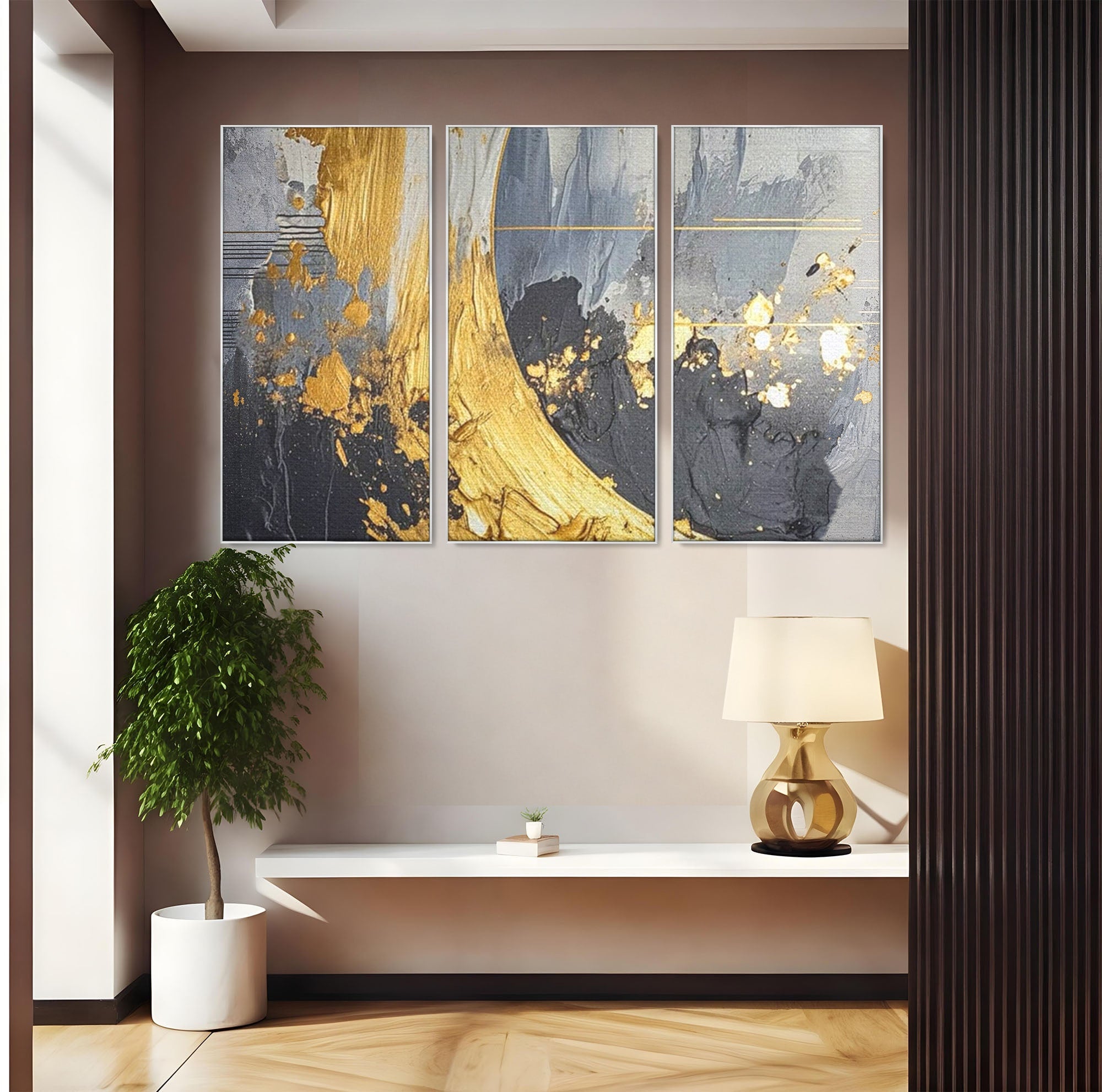 Set 3 Tablouri Canvas Premium LuxCanva® C3-1305, Tacere turnata in aur, Geometrie, Culori, Abstract, Auriu, Valuri, Minimalism, Design, Curgere, Miscare, Interior, Expozitie, Arta, Birou, Living, Dormitor