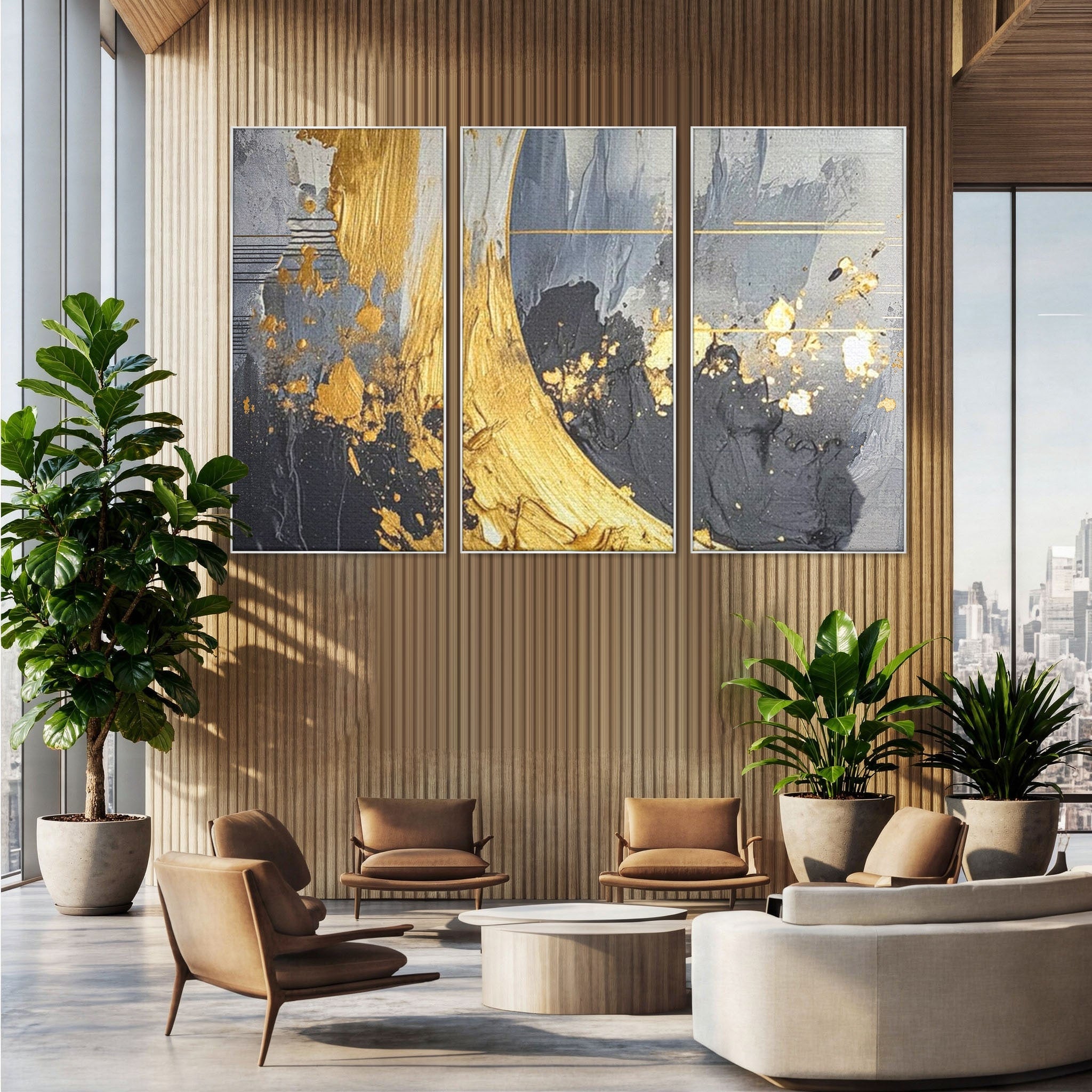 Set 3 Tablouri Canvas Premium LuxCanva® C3-1305, Tacere turnata in aur, Geometrie, Culori, Abstract, Auriu, Valuri, Minimalism, Design, Curgere, Miscare, Interior, Expozitie, Arta, Birou, Living, Dormitor