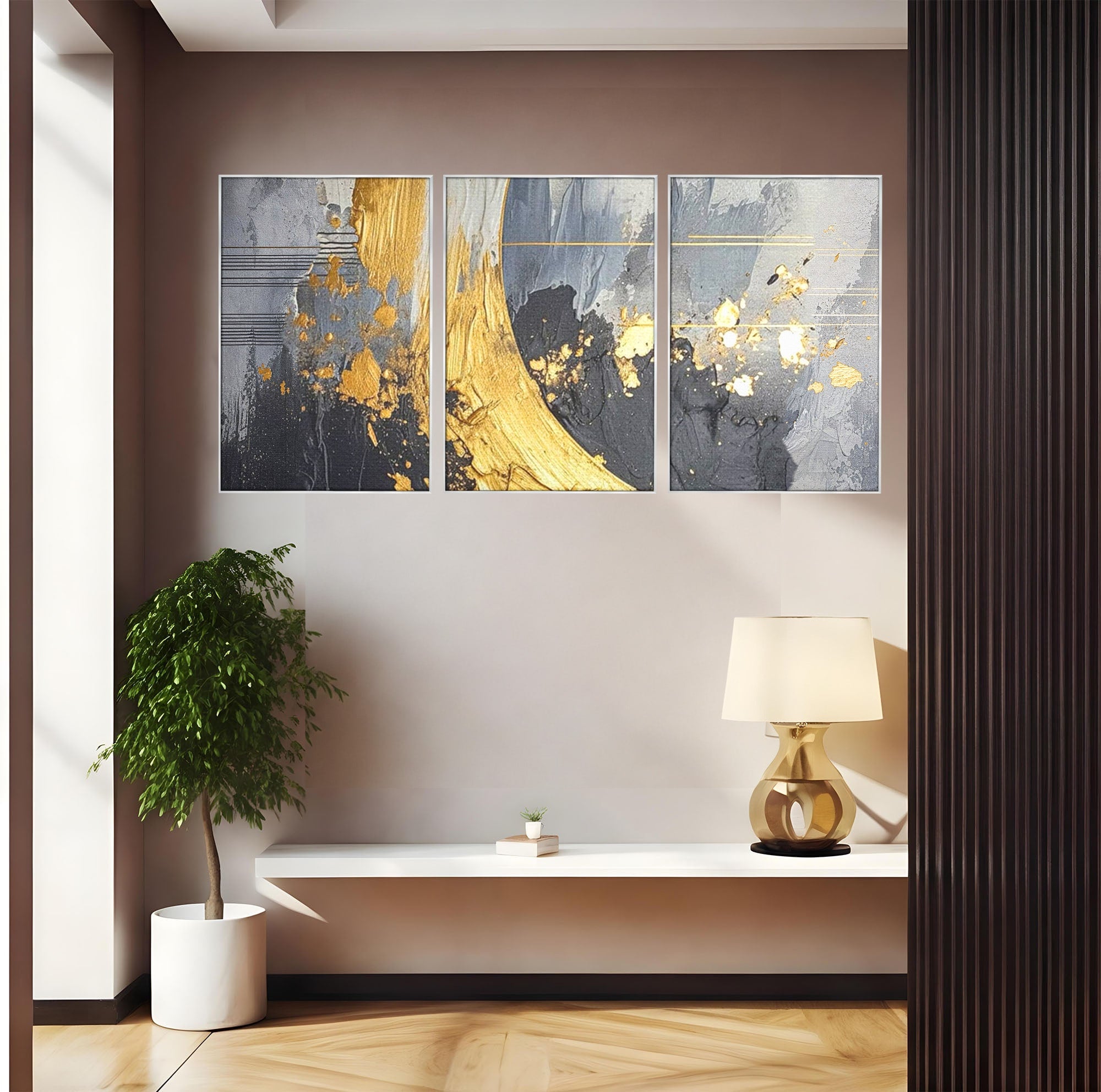 Set 3 Tablouri Canvas Premium LuxCanva® C3-1305, Tacere turnata in aur, Geometrie, Culori, Abstract, Auriu, Valuri, Minimalism, Design, Curgere, Miscare, Interior, Expozitie, Arta, Birou, Living, Dormitor