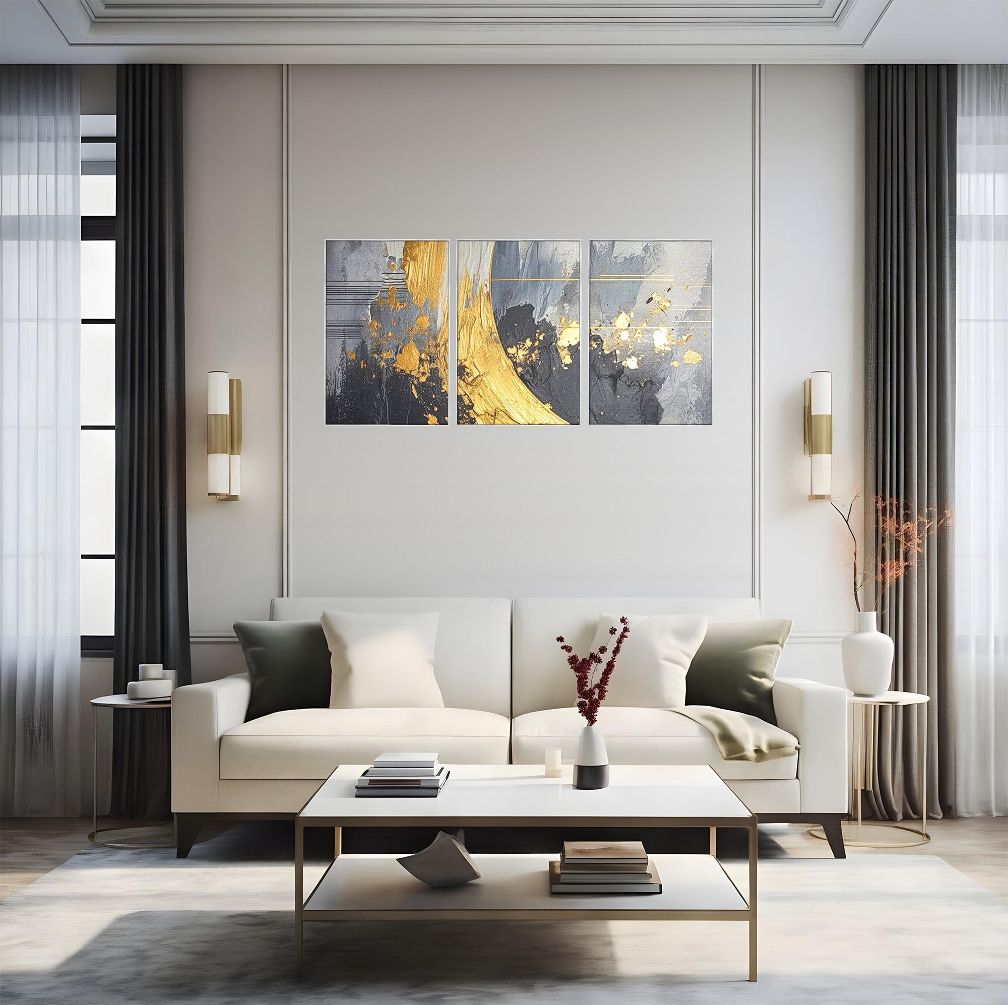 Set 3 Tablouri Canvas Premium LuxCanva® C3-1305, Tacere turnata in aur, Geometrie, Culori, Abstract, Auriu, Valuri, Minimalism, Design, Curgere, Miscare, Interior, Expozitie, Arta, Birou, Living, Dormitor
