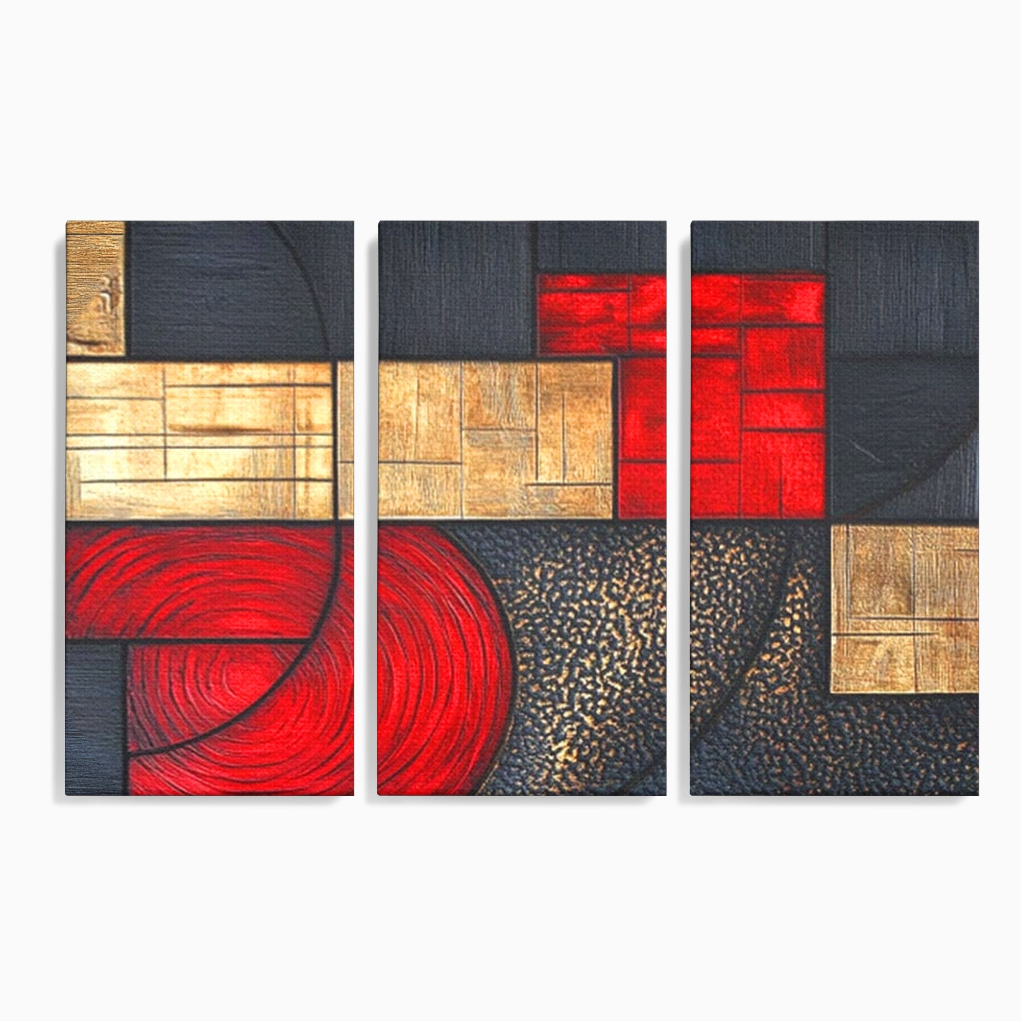 Set 3 Tablouri Canvas Premium LuxCanva® C3-1306, Ordinea pasiunii, Geometrie, Culori, Abstract, Auriu, Rosu, Negru, Minimalism, Design, Cerc, Labirint, Dorinta, Expozitie, Arta, Birou, Living, Dormitor