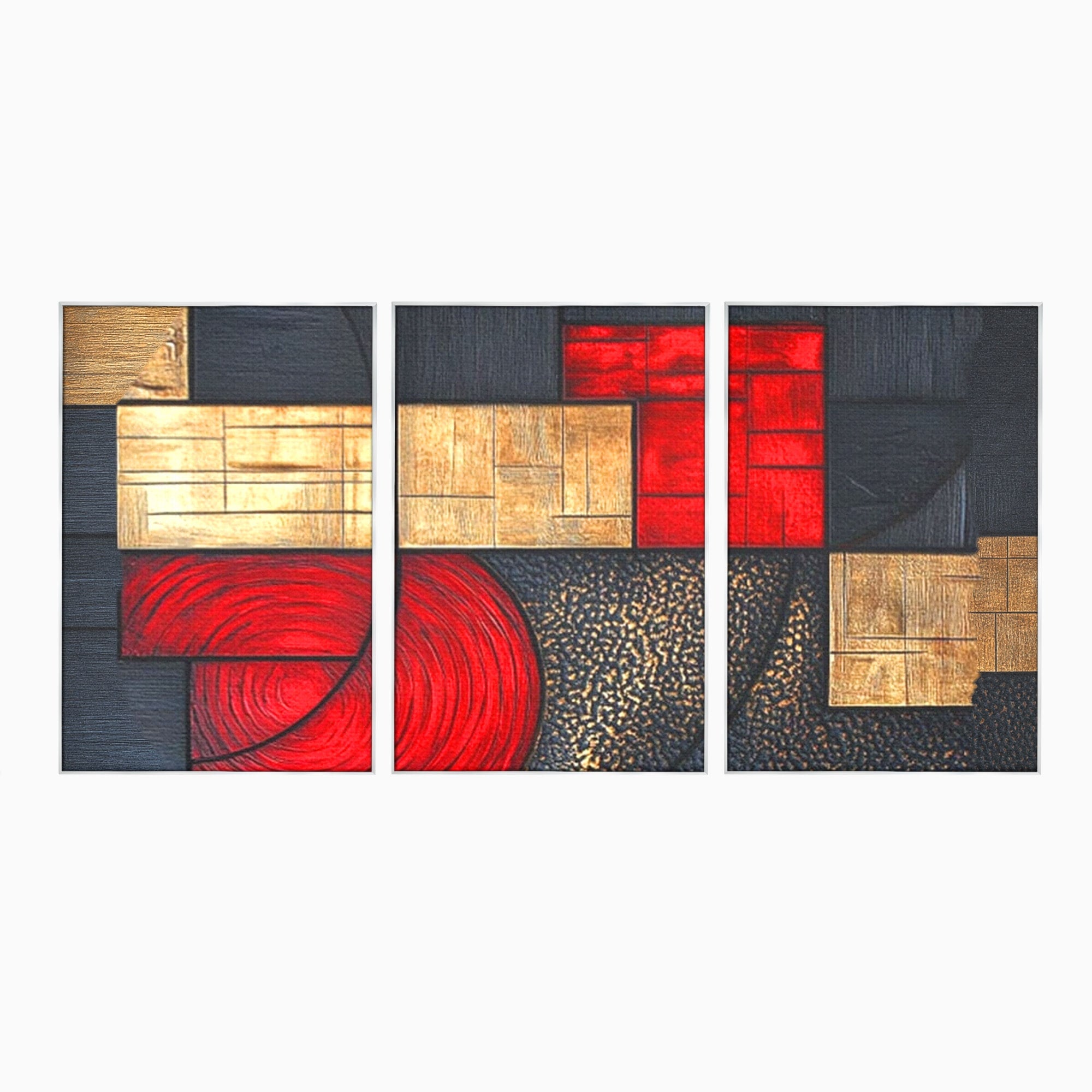 Set 3 Tablouri Canvas Premium LuxCanva® C3-1306, Ordinea pasiunii, Geometrie, Culori, Abstract, Auriu, Rosu, Negru, Minimalism, Design, Cerc, Labirint, Dorinta, Expozitie, Arta, Birou, Living, Dormitor