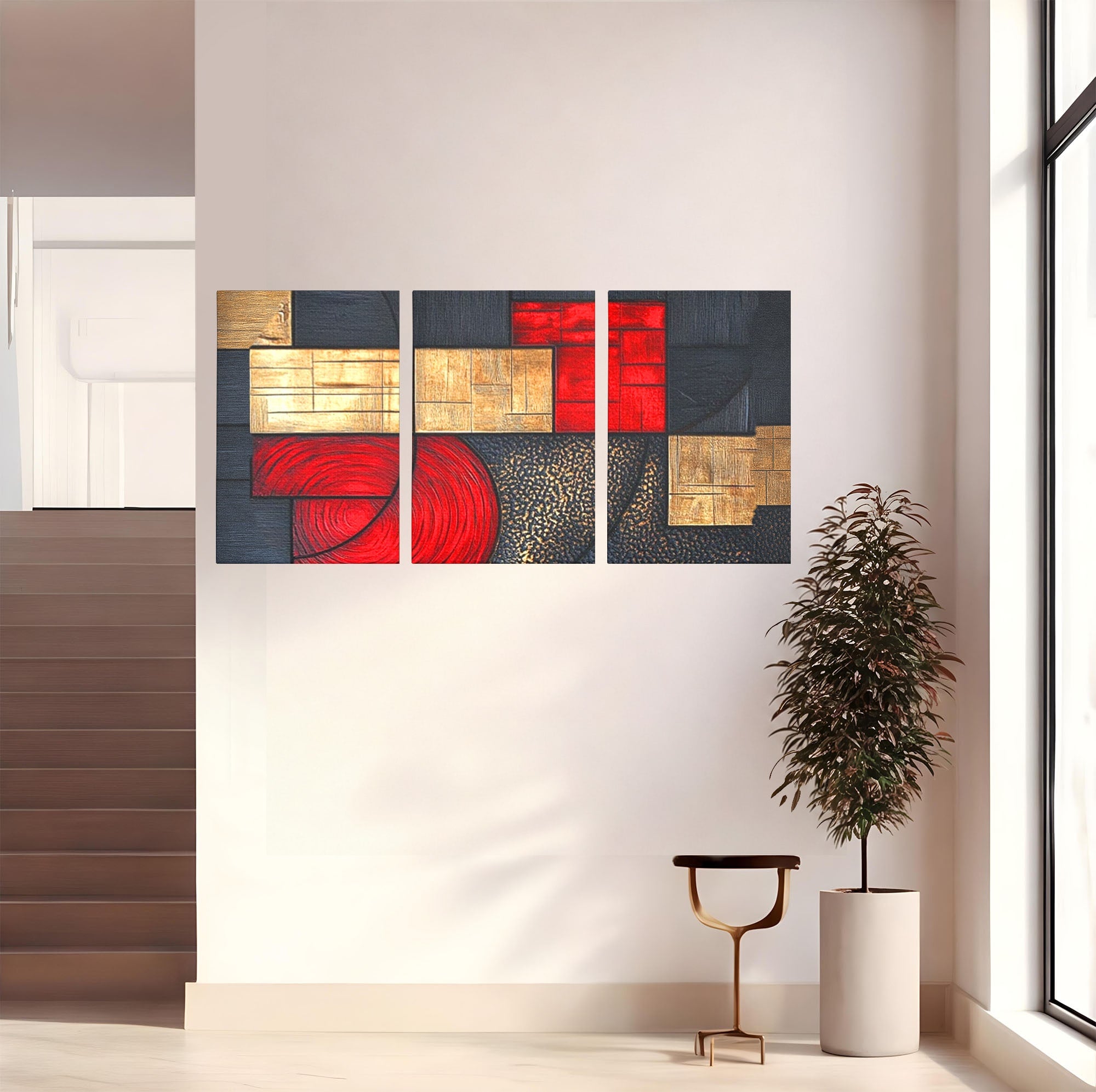 Set 3 Tablouri Canvas Premium LuxCanva® C3-1306, Ordinea pasiunii, Geometrie, Culori, Abstract, Auriu, Rosu, Negru, Minimalism, Design, Cerc, Labirint, Dorinta, Expozitie, Arta, Birou, Living, Dormitor