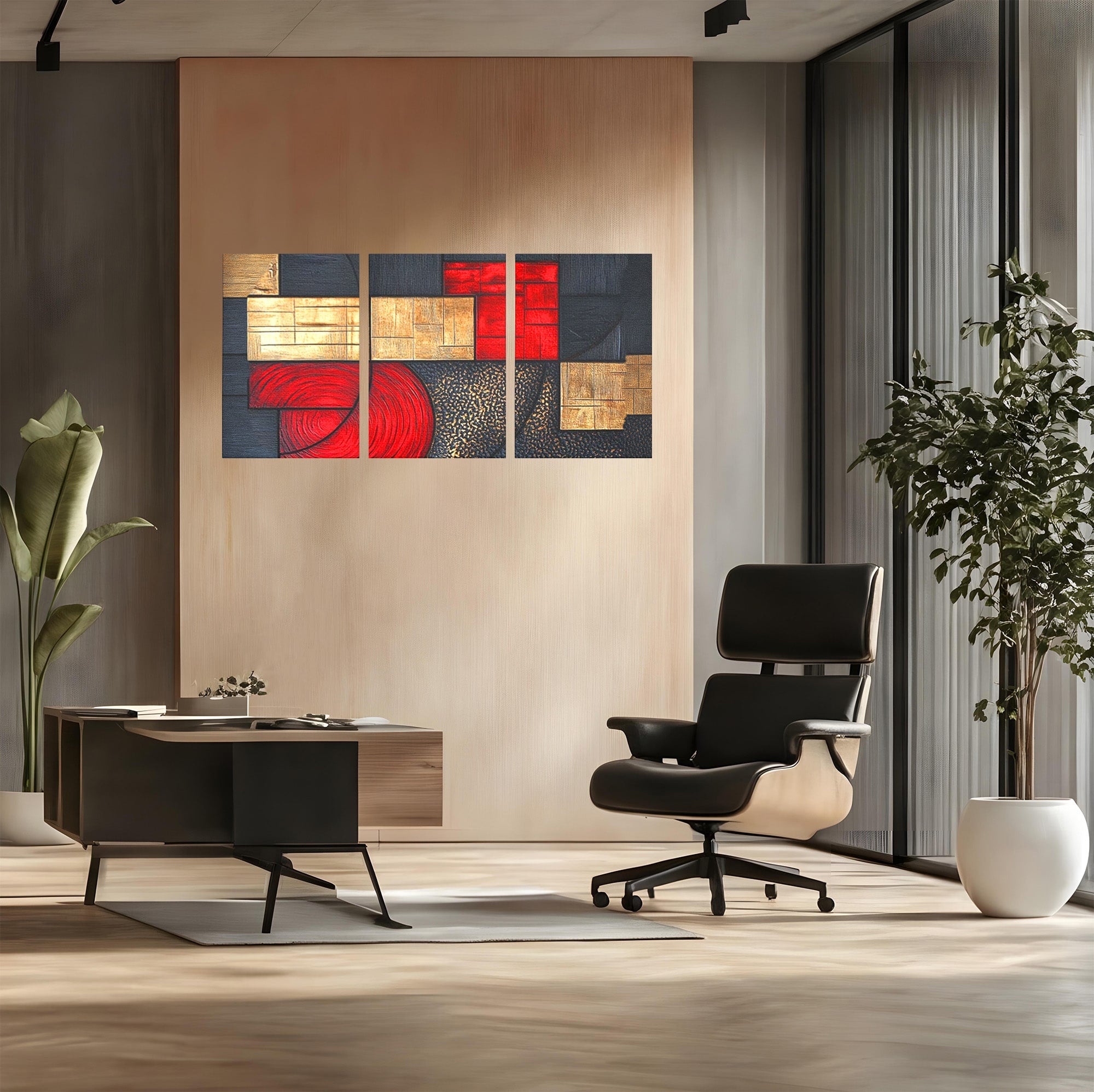 Set 3 Tablouri Canvas Premium LuxCanva® C3-1306, Ordinea pasiunii, Geometrie, Culori, Abstract, Auriu, Rosu, Negru, Minimalism, Design, Cerc, Labirint, Dorinta, Expozitie, Arta, Birou, Living, Dormitor