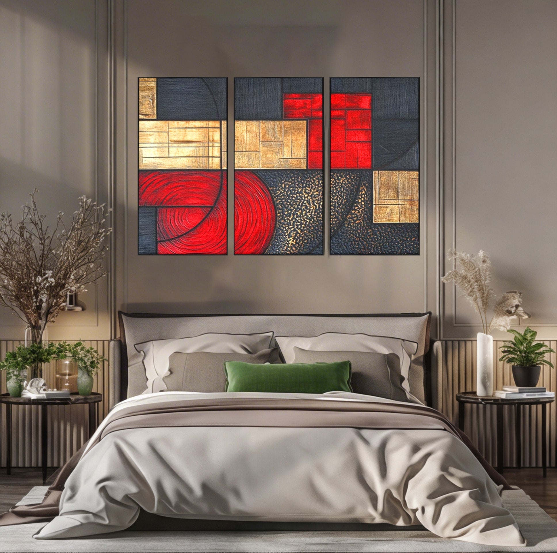 Set 3 Tablouri Canvas Premium LuxCanva® C3-1306, Ordinea pasiunii, Geometrie, Culori, Abstract, Auriu, Rosu, Negru, Minimalism, Design, Cerc, Labirint, Dorinta, Expozitie, Arta, Birou, Living, Dormitor