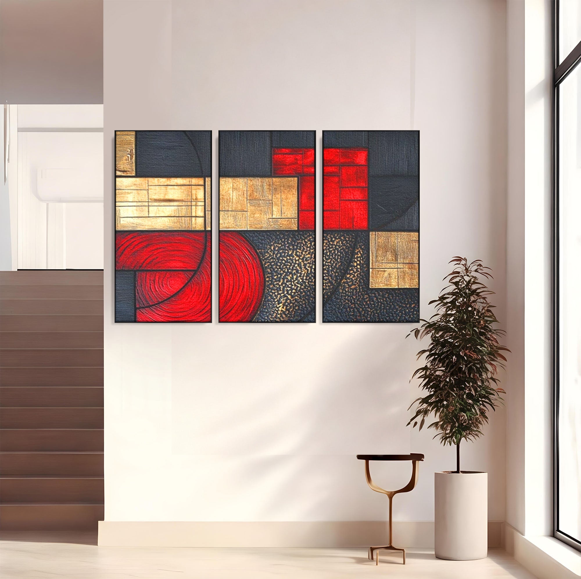 Set 3 Tablouri Canvas Premium LuxCanva® C3-1306, Ordinea pasiunii, Geometrie, Culori, Abstract, Auriu, Rosu, Negru, Minimalism, Design, Cerc, Labirint, Dorinta, Expozitie, Arta, Birou, Living, Dormitor