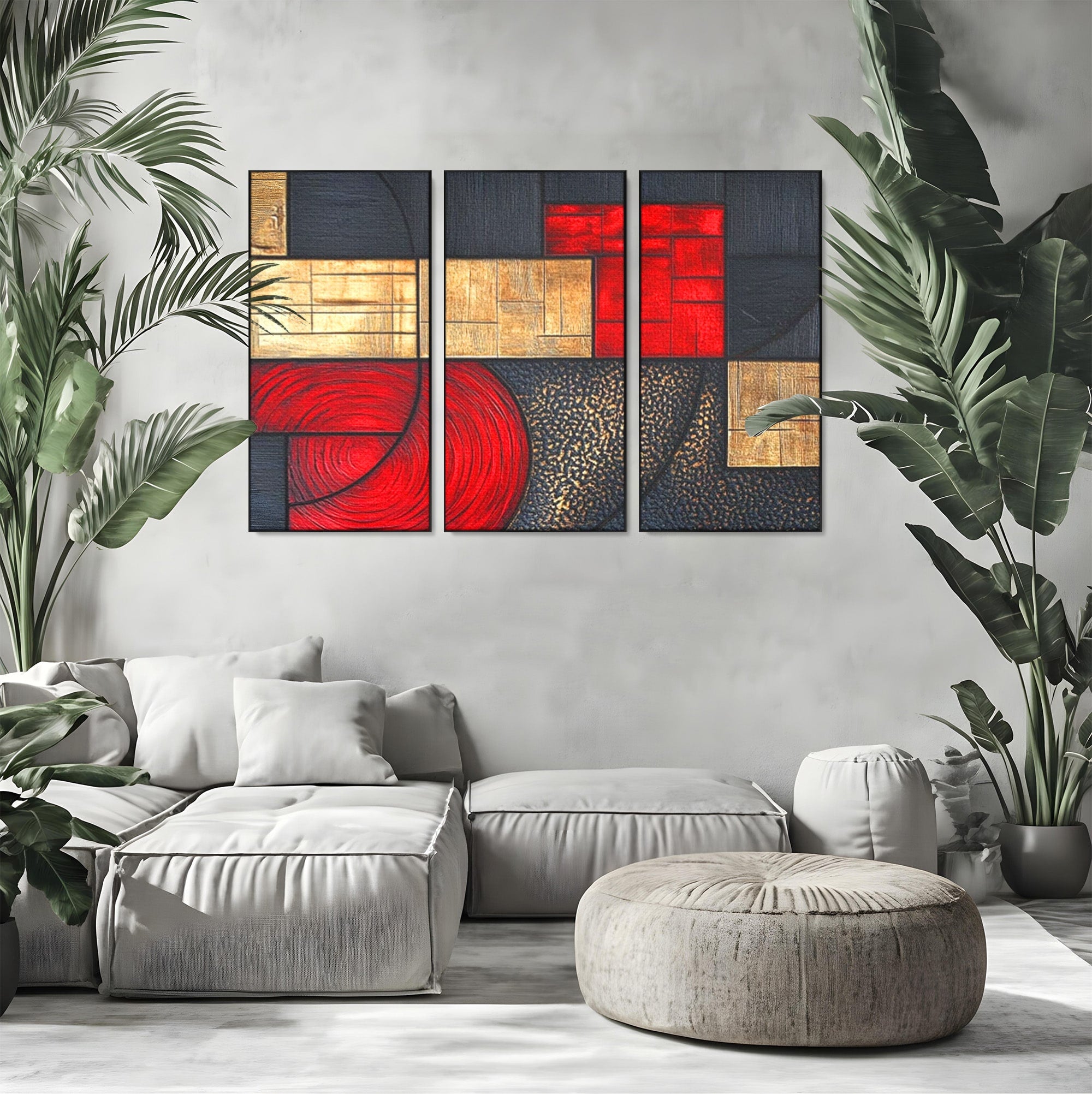 Set 3 Tablouri Canvas Premium LuxCanva® C3-1306, Ordinea pasiunii, Geometrie, Culori, Abstract, Auriu, Rosu, Negru, Minimalism, Design, Cerc, Labirint, Dorinta, Expozitie, Arta, Birou, Living, Dormitor