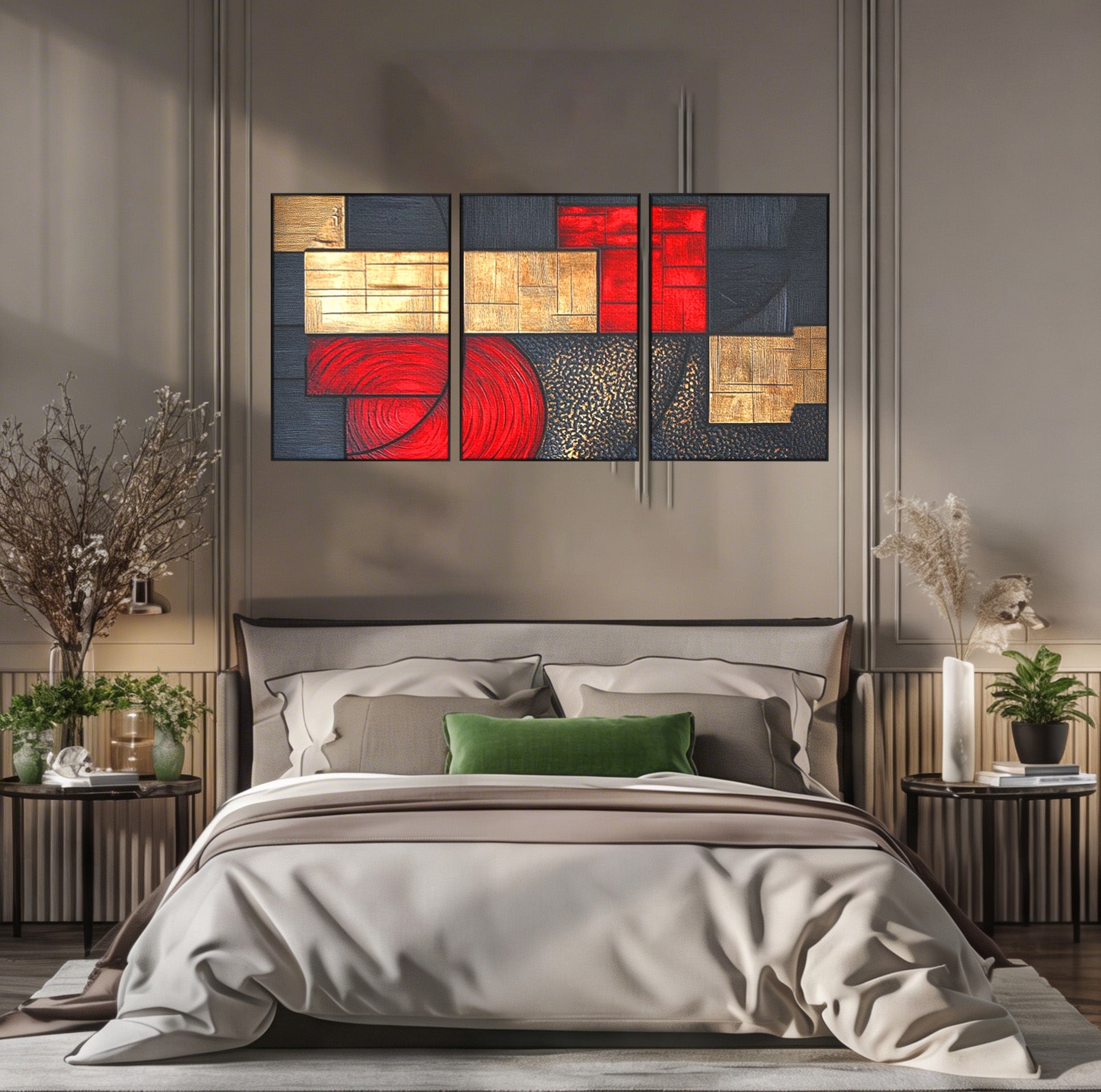 Set 3 Tablouri Canvas Premium LuxCanva® C3-1306, Ordinea pasiunii, Geometrie, Culori, Abstract, Auriu, Rosu, Negru, Minimalism, Design, Cerc, Labirint, Dorinta, Expozitie, Arta, Birou, Living, Dormitor