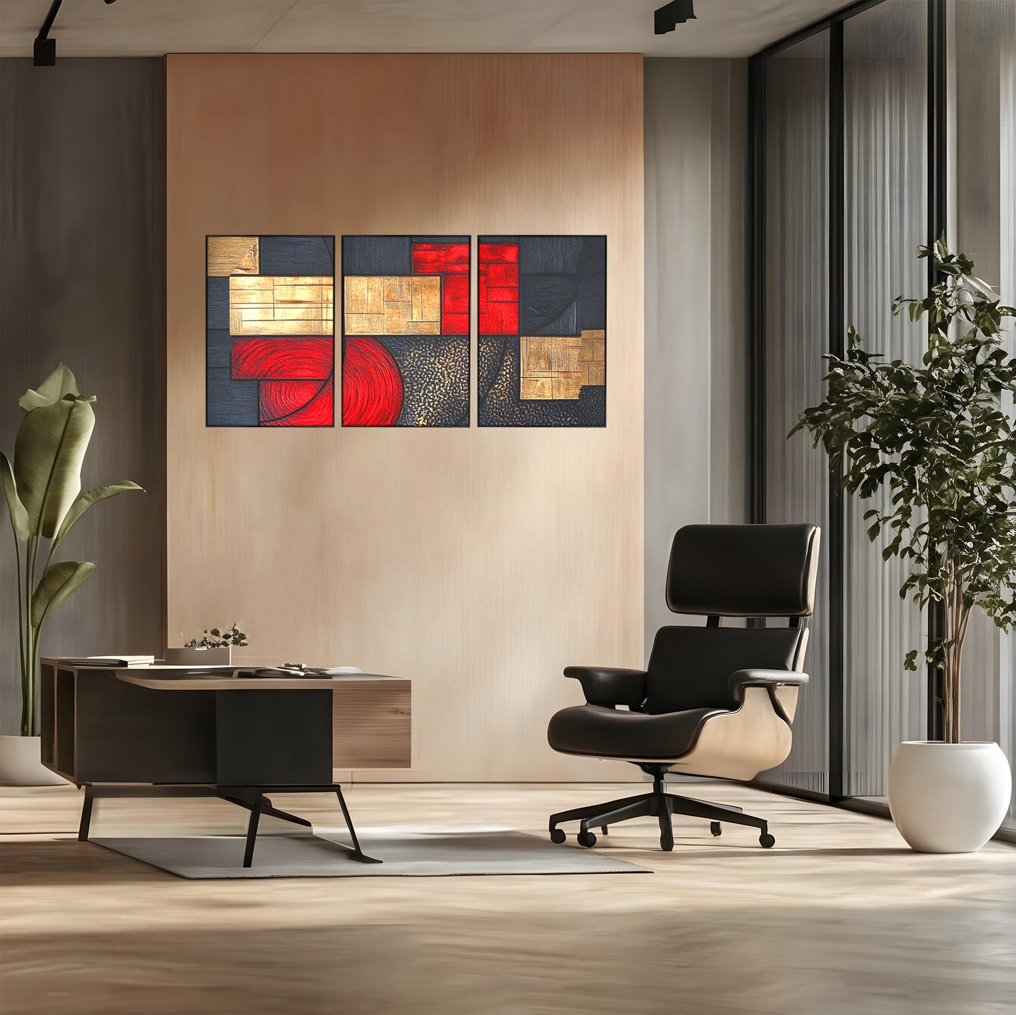 Set 3 Tablouri Canvas Premium LuxCanva® C3-1306, Ordinea pasiunii, Geometrie, Culori, Abstract, Auriu, Rosu, Negru, Minimalism, Design, Cerc, Labirint, Dorinta, Expozitie, Arta, Birou, Living, Dormitor