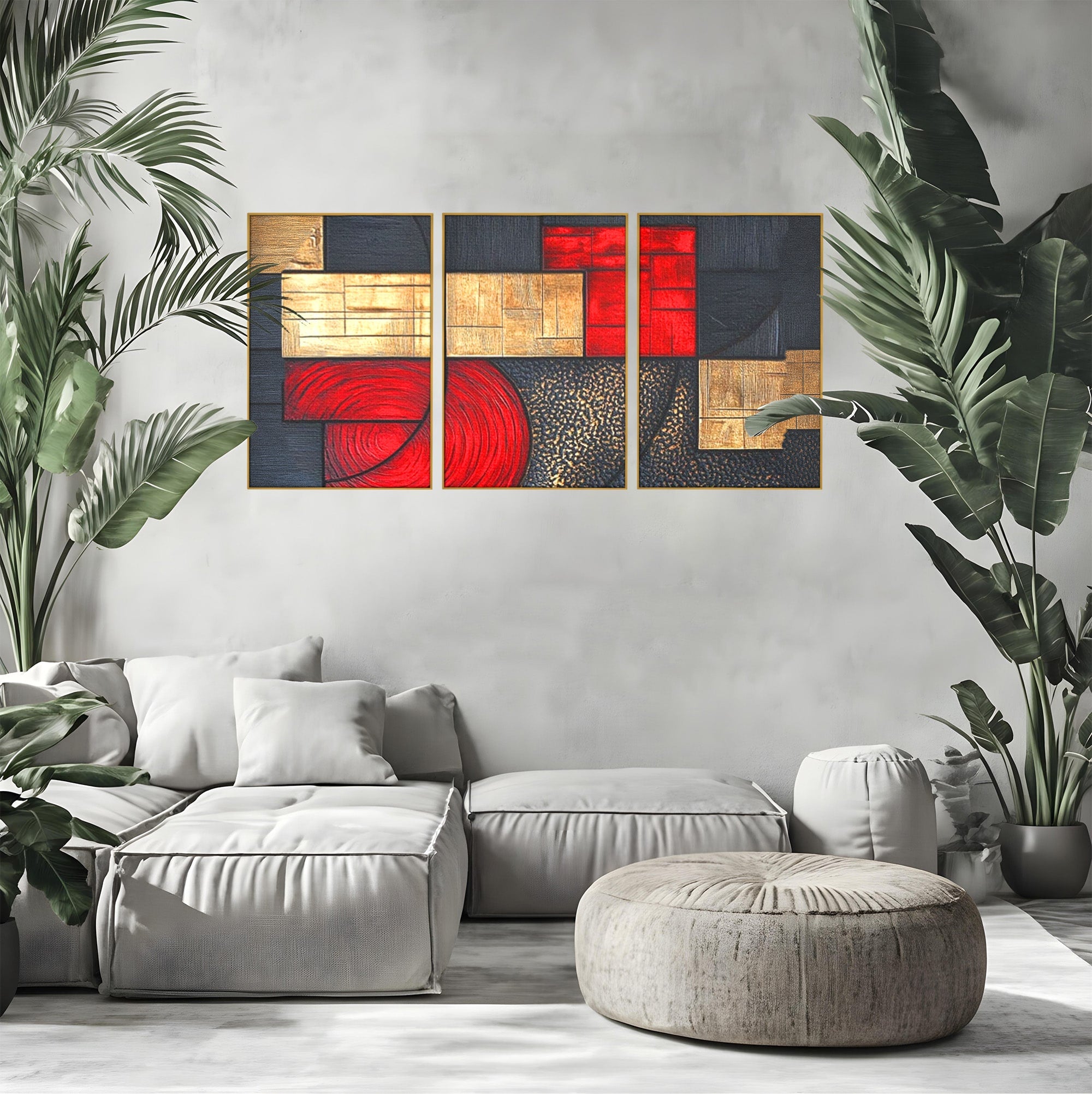 Set 3 Tablouri Canvas Premium LuxCanva® C3-1306, Ordinea pasiunii, Geometrie, Culori, Abstract, Auriu, Rosu, Negru, Minimalism, Design, Cerc, Labirint, Dorinta, Expozitie, Arta, Birou, Living, Dormitor