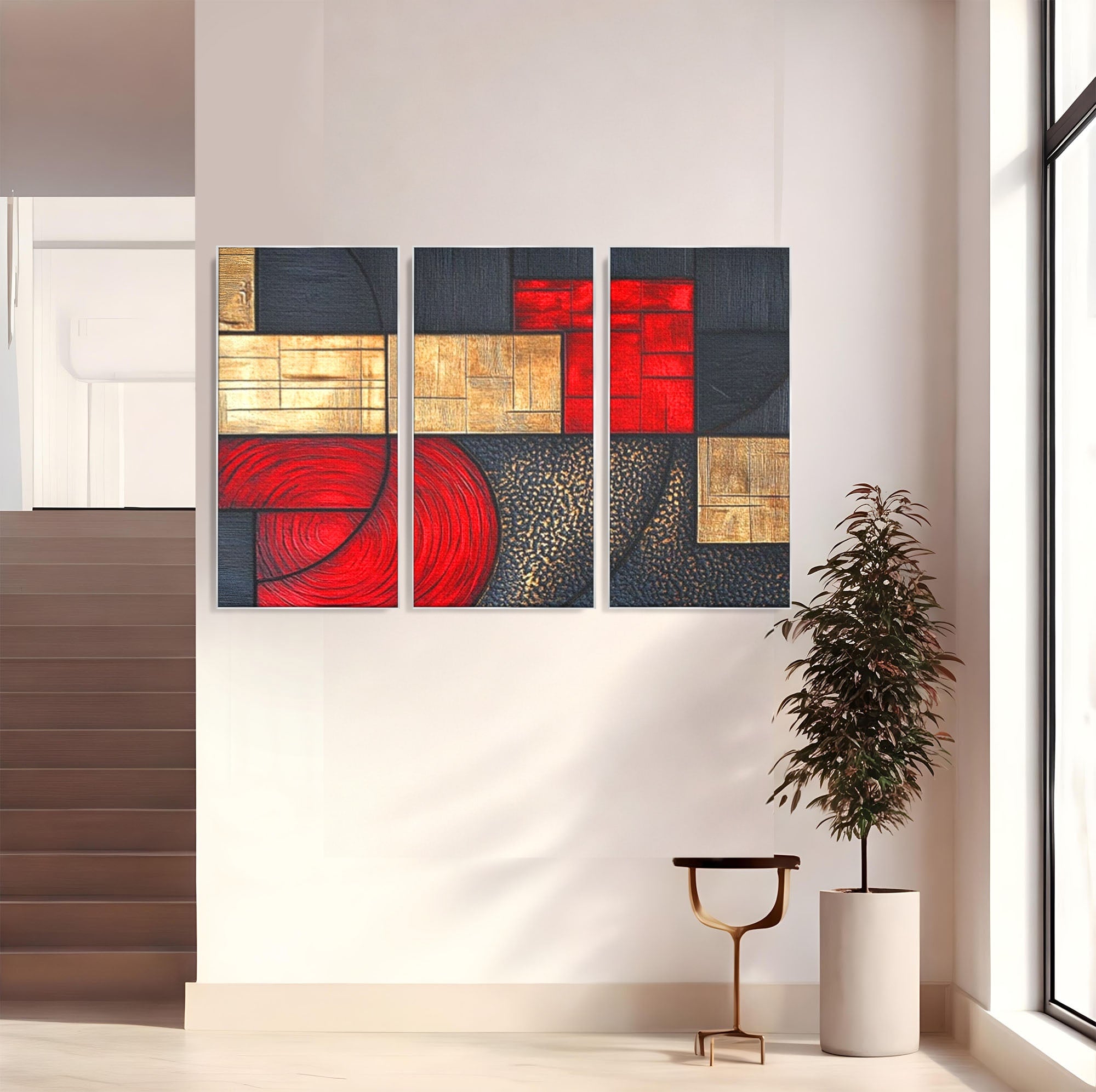 Set 3 Tablouri Canvas Premium LuxCanva® C3-1306, Ordinea pasiunii, Geometrie, Culori, Abstract, Auriu, Rosu, Negru, Minimalism, Design, Cerc, Labirint, Dorinta, Expozitie, Arta, Birou, Living, Dormitor