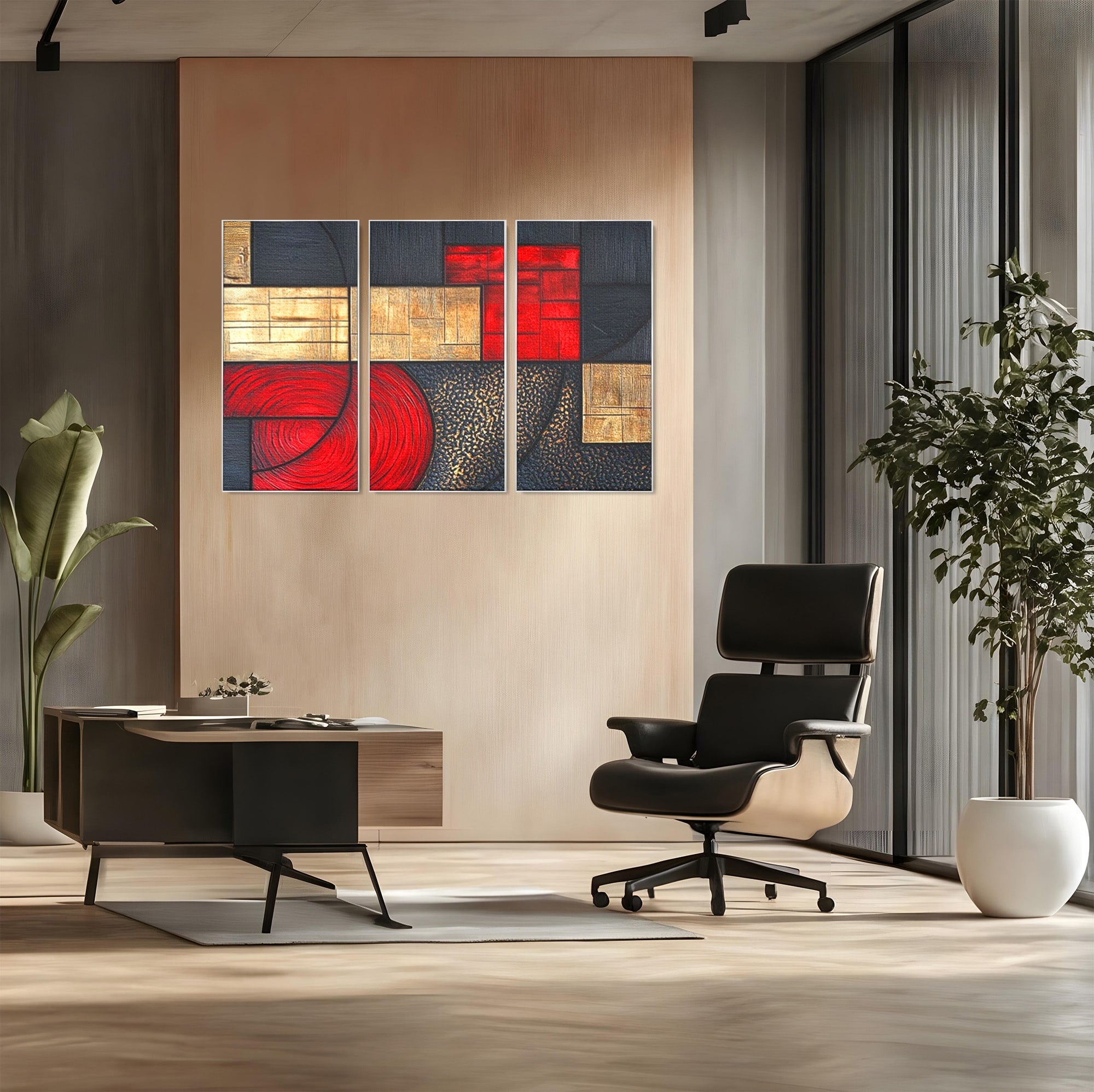 Set 3 Tablouri Canvas Premium LuxCanva® C3-1306, Ordinea pasiunii, Geometrie, Culori, Abstract, Auriu, Rosu, Negru, Minimalism, Design, Cerc, Labirint, Dorinta, Expozitie, Arta, Birou, Living, Dormitor