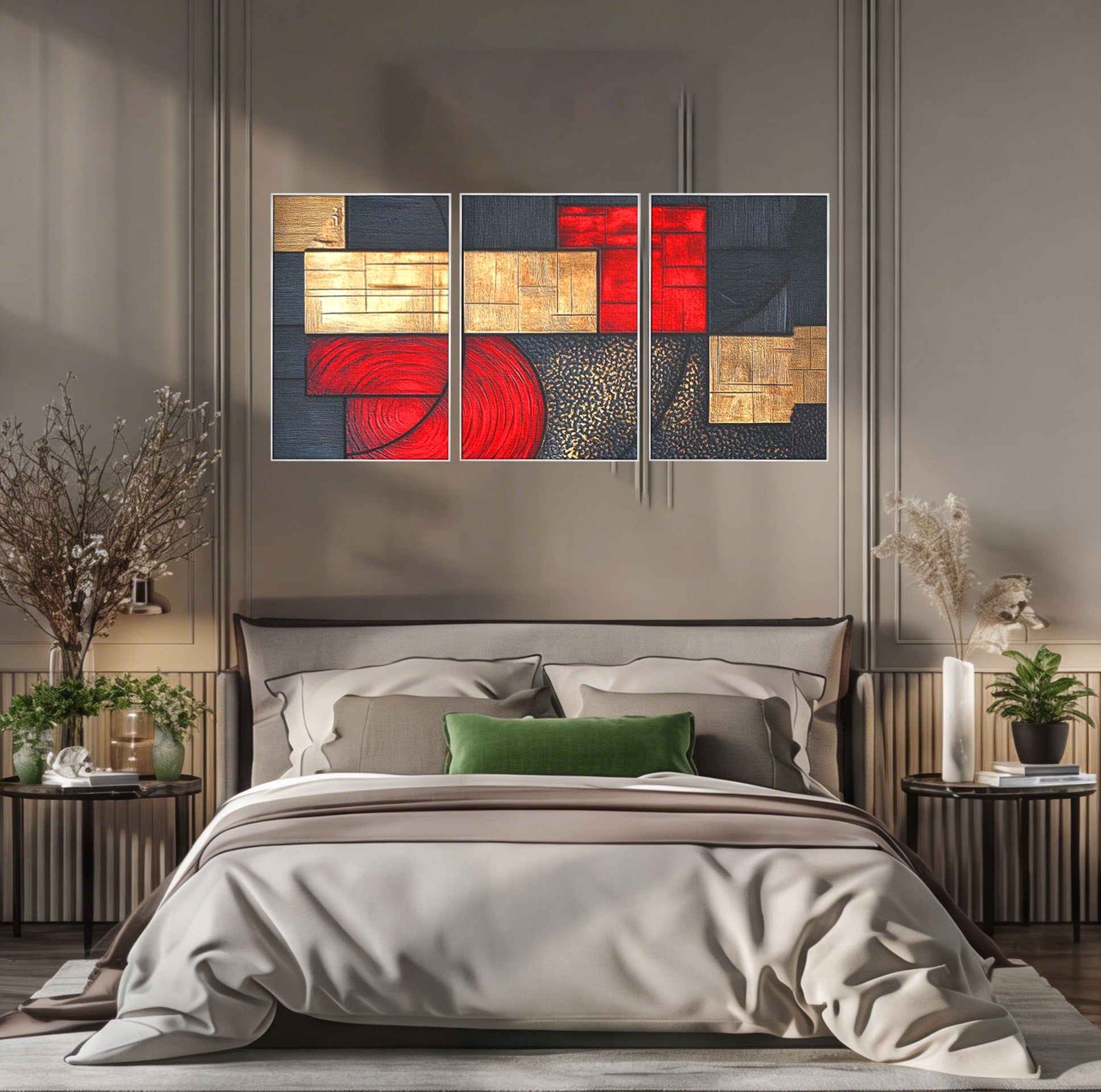 Set 3 Tablouri Canvas Premium LuxCanva® C3-1306, Ordinea pasiunii, Geometrie, Culori, Abstract, Auriu, Rosu, Negru, Minimalism, Design, Cerc, Labirint, Dorinta, Expozitie, Arta, Birou, Living, Dormitor