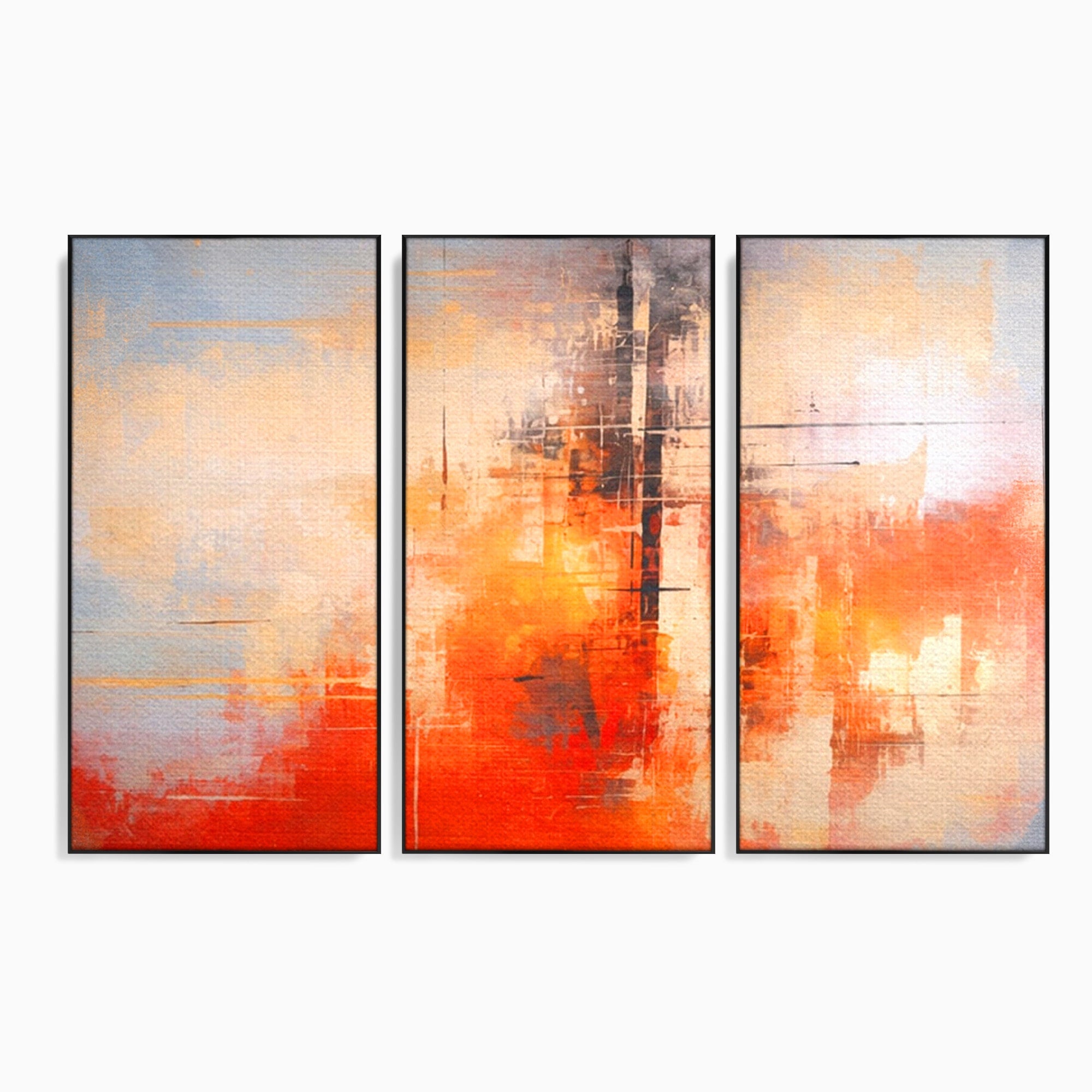 Set 3 Tablouri Canvas Premium LuxCanva® C3-1314, Intre Cer si Beton, Culori, Abstract, Dinamism, Modern, Portocaliu, Rosu, Gri, Conectare, Retea, Structura, Arhitectural, Ziduri, Birou, Living, Dormitor
