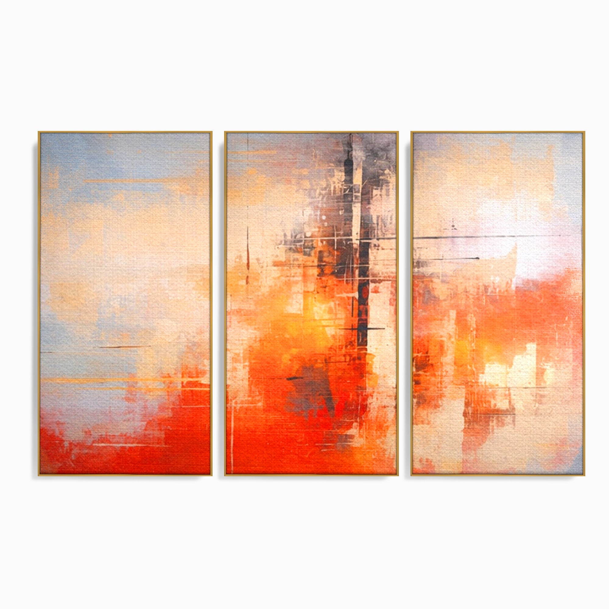 Set 3 Tablouri Canvas Premium LuxCanva® C3-1314, Intre Cer si Beton, Culori, Abstract, Dinamism, Modern, Portocaliu, Rosu, Gri, Conectare, Retea, Structura, Arhitectural, Ziduri, Birou, Living, Dormitor