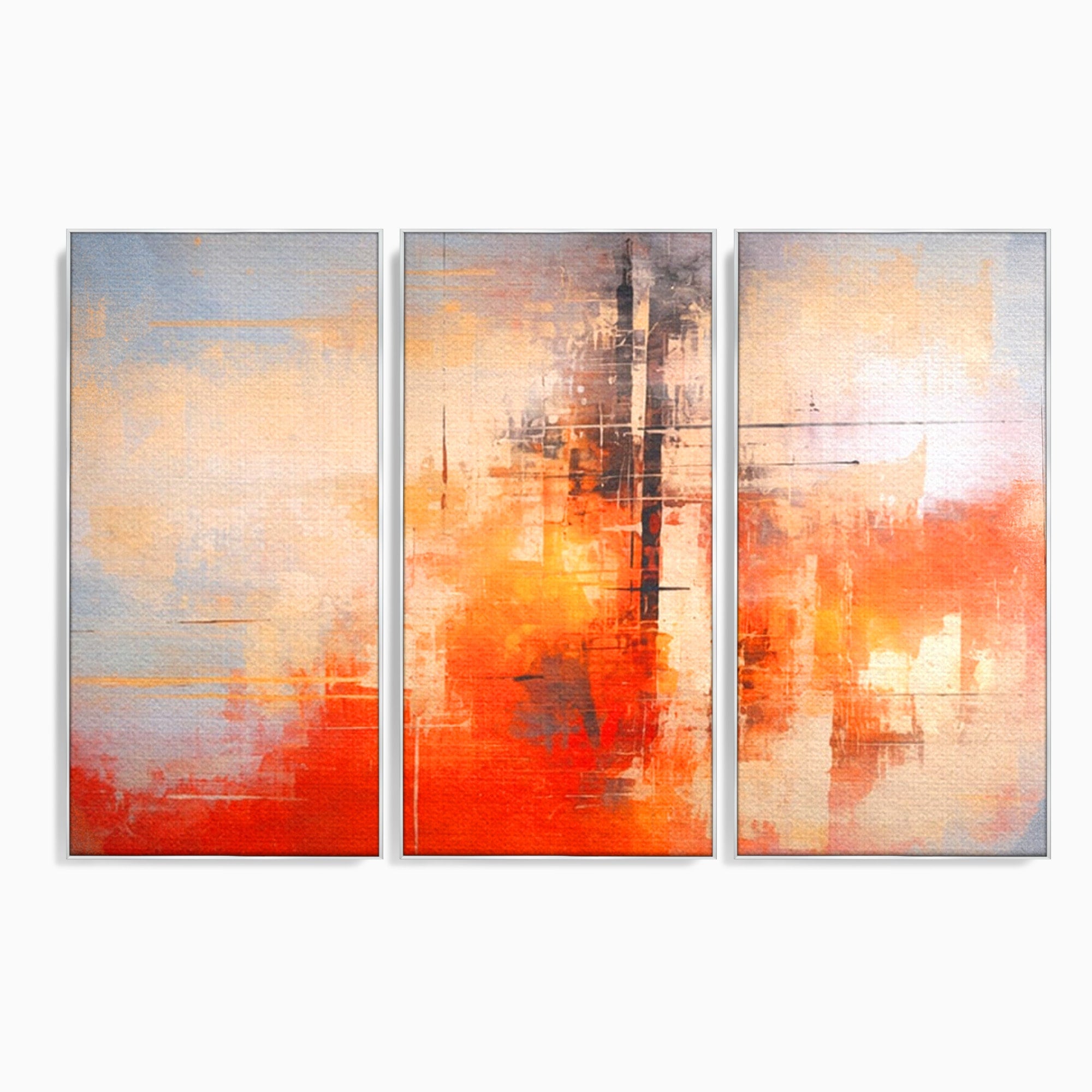 Set 3 Tablouri Canvas Premium LuxCanva® C3-1314, Intre Cer si Beton, Culori, Abstract, Dinamism, Modern, Portocaliu, Rosu, Gri, Conectare, Retea, Structura, Arhitectural, Ziduri, Birou, Living, Dormitor