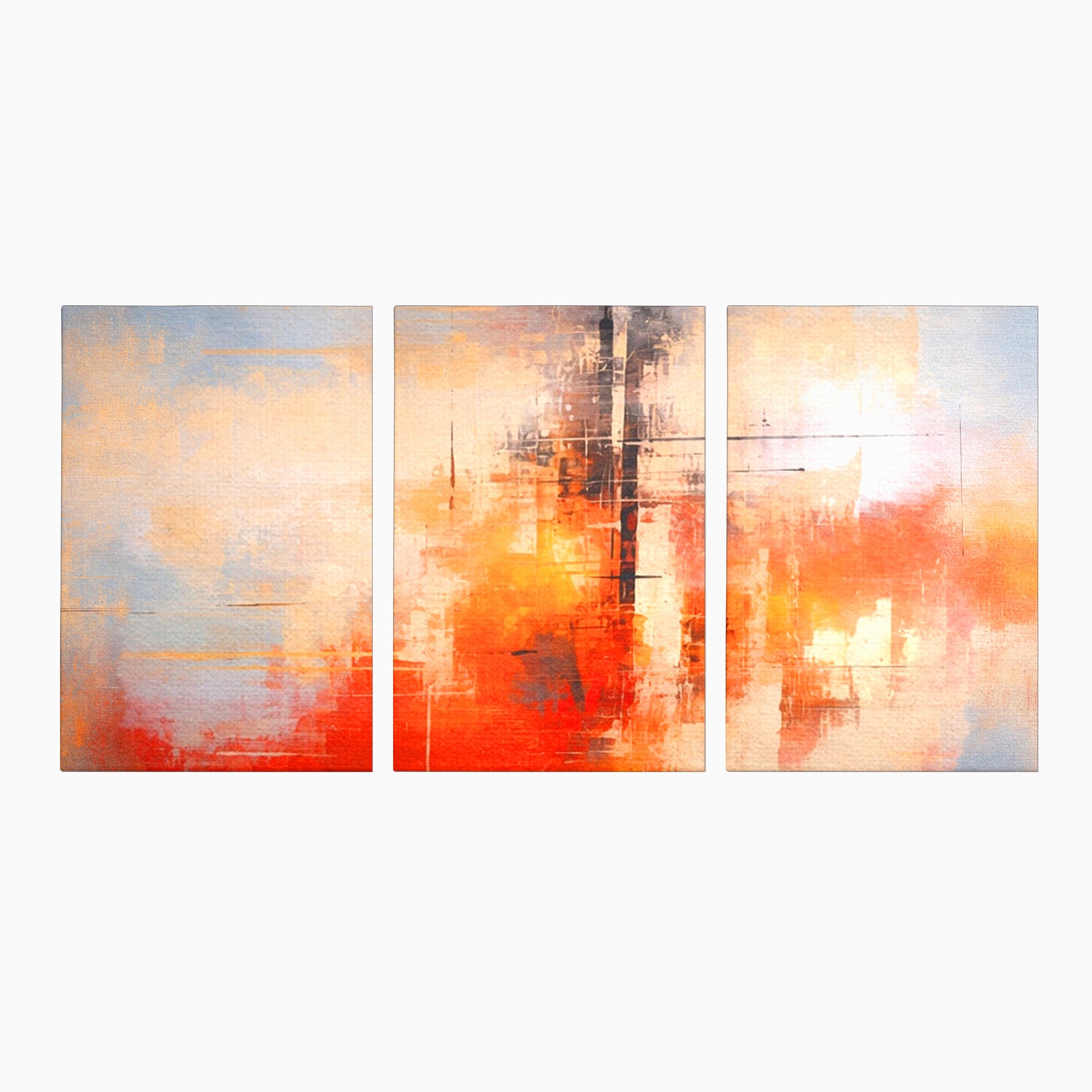 Set 3 Tablouri Canvas Premium LuxCanva® C3-1314, Intre Cer si Beton, Culori, Abstract, Dinamism, Modern, Portocaliu, Rosu, Gri, Conectare, Retea, Structura, Arhitectural, Ziduri, Birou, Living, Dormitor