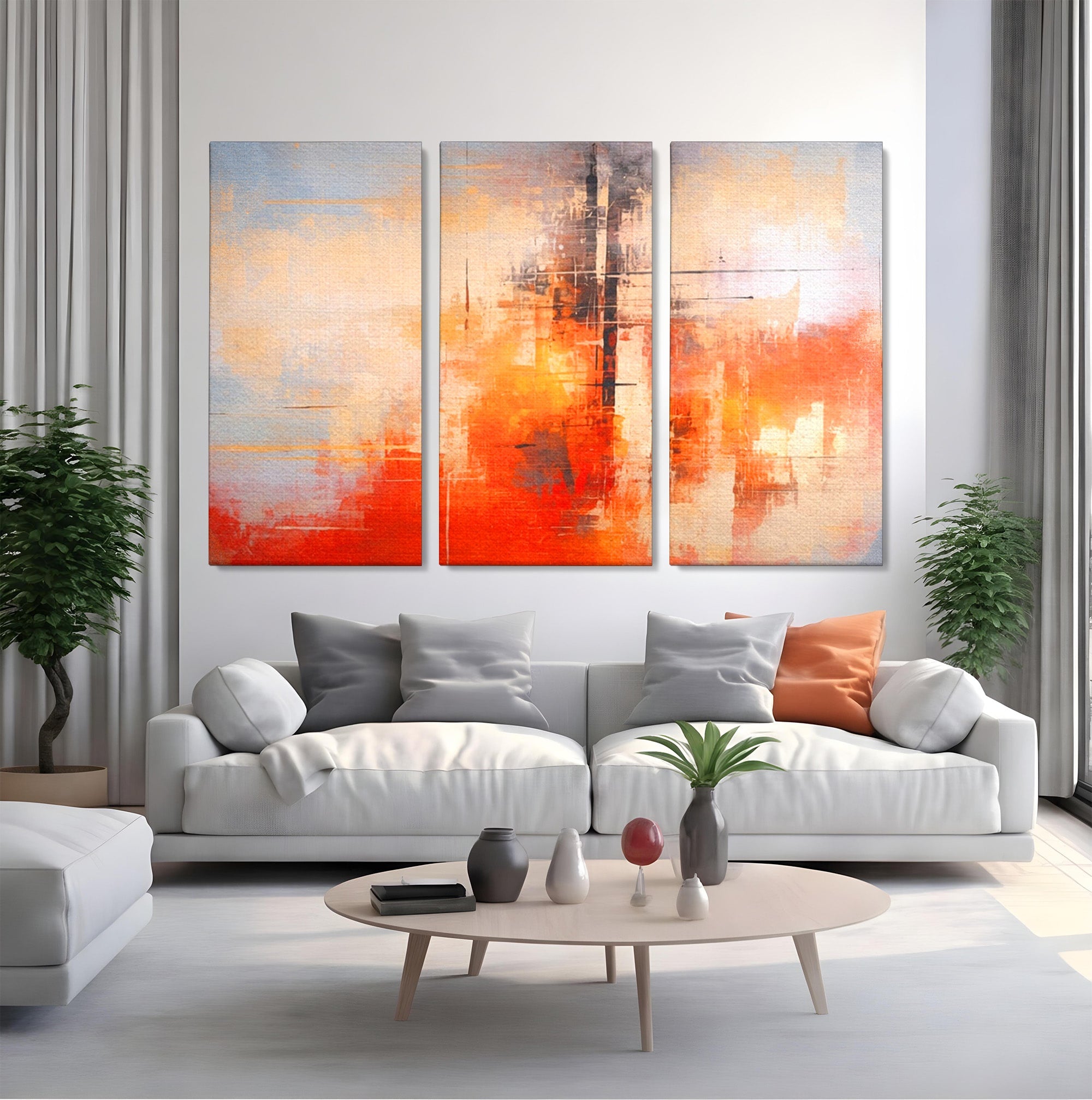 Set 3 Tablouri Canvas Premium LuxCanva® C3-1314, Intre Cer si Beton, Culori, Abstract, Dinamism, Modern, Portocaliu, Rosu, Gri, Conectare, Retea, Structura, Arhitectural, Ziduri, Birou, Living, Dormitor