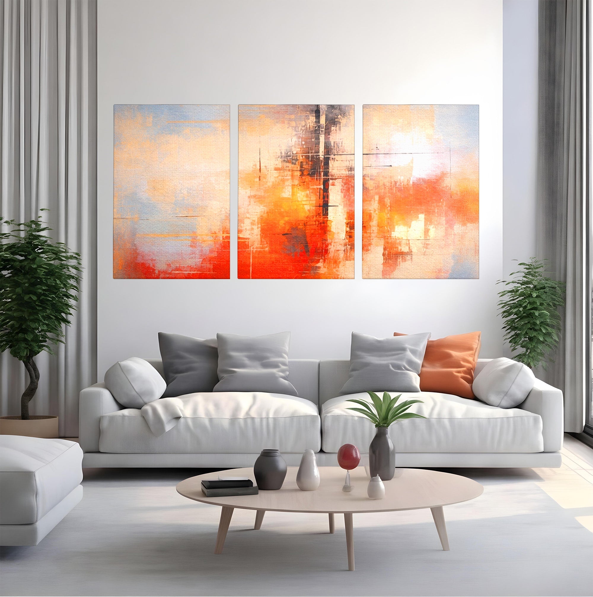 Set 3 Tablouri Canvas Premium LuxCanva® C3-1314, Intre Cer si Beton, Culori, Abstract, Dinamism, Modern, Portocaliu, Rosu, Gri, Conectare, Retea, Structura, Arhitectural, Ziduri, Birou, Living, Dormitor