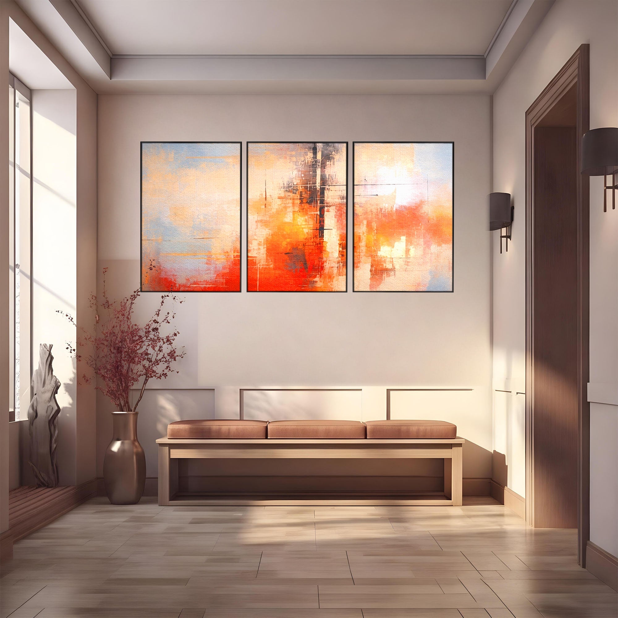 Set 3 Tablouri Canvas Premium LuxCanva® C3-1314, Intre Cer si Beton, Culori, Abstract, Dinamism, Modern, Portocaliu, Rosu, Gri, Conectare, Retea, Structura, Arhitectural, Ziduri, Birou, Living, Dormitor