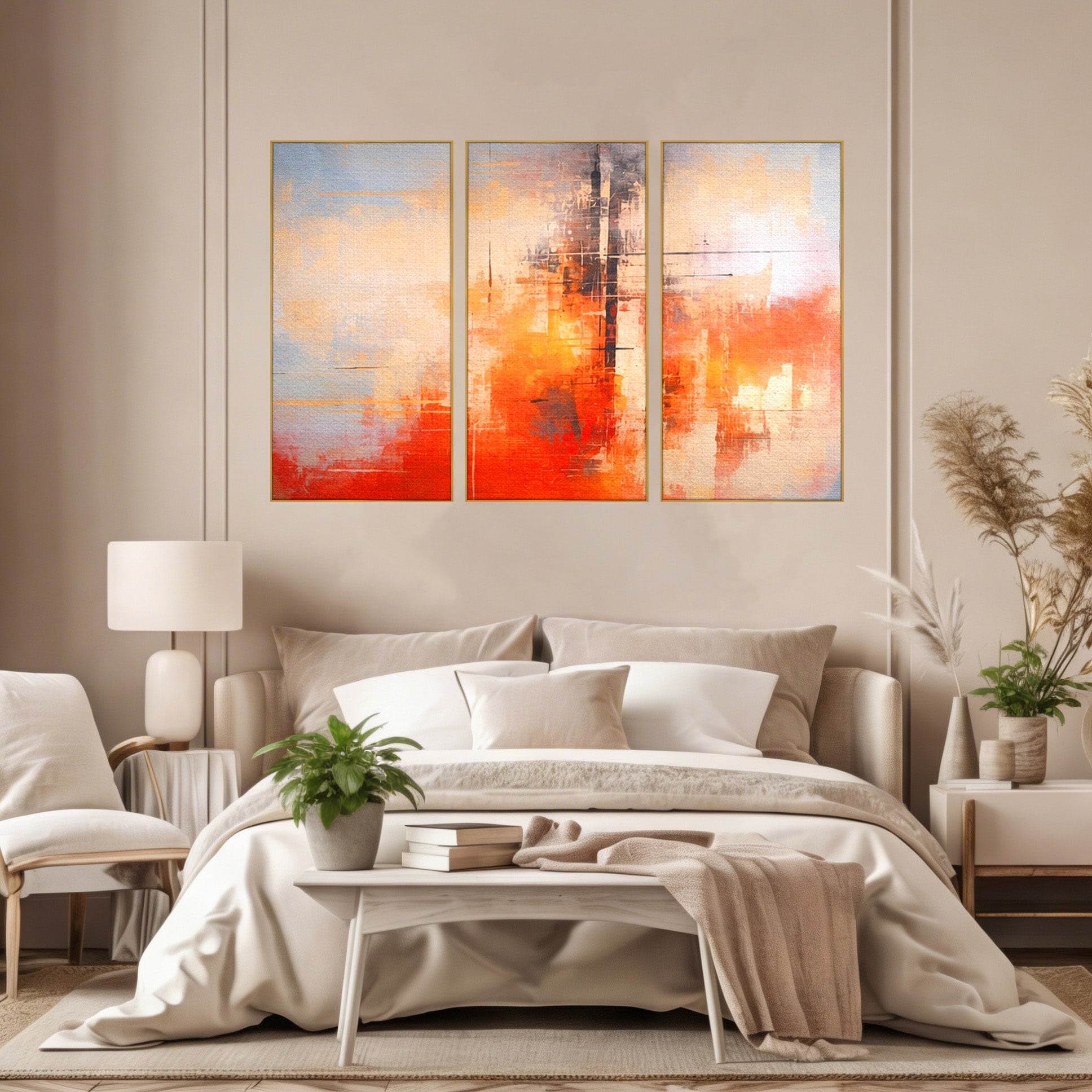 Set 3 Tablouri Canvas Premium LuxCanva® C3-1314, Intre Cer si Beton, Culori, Abstract, Dinamism, Modern, Portocaliu, Rosu, Gri, Conectare, Retea, Structura, Arhitectural, Ziduri, Birou, Living, Dormitor