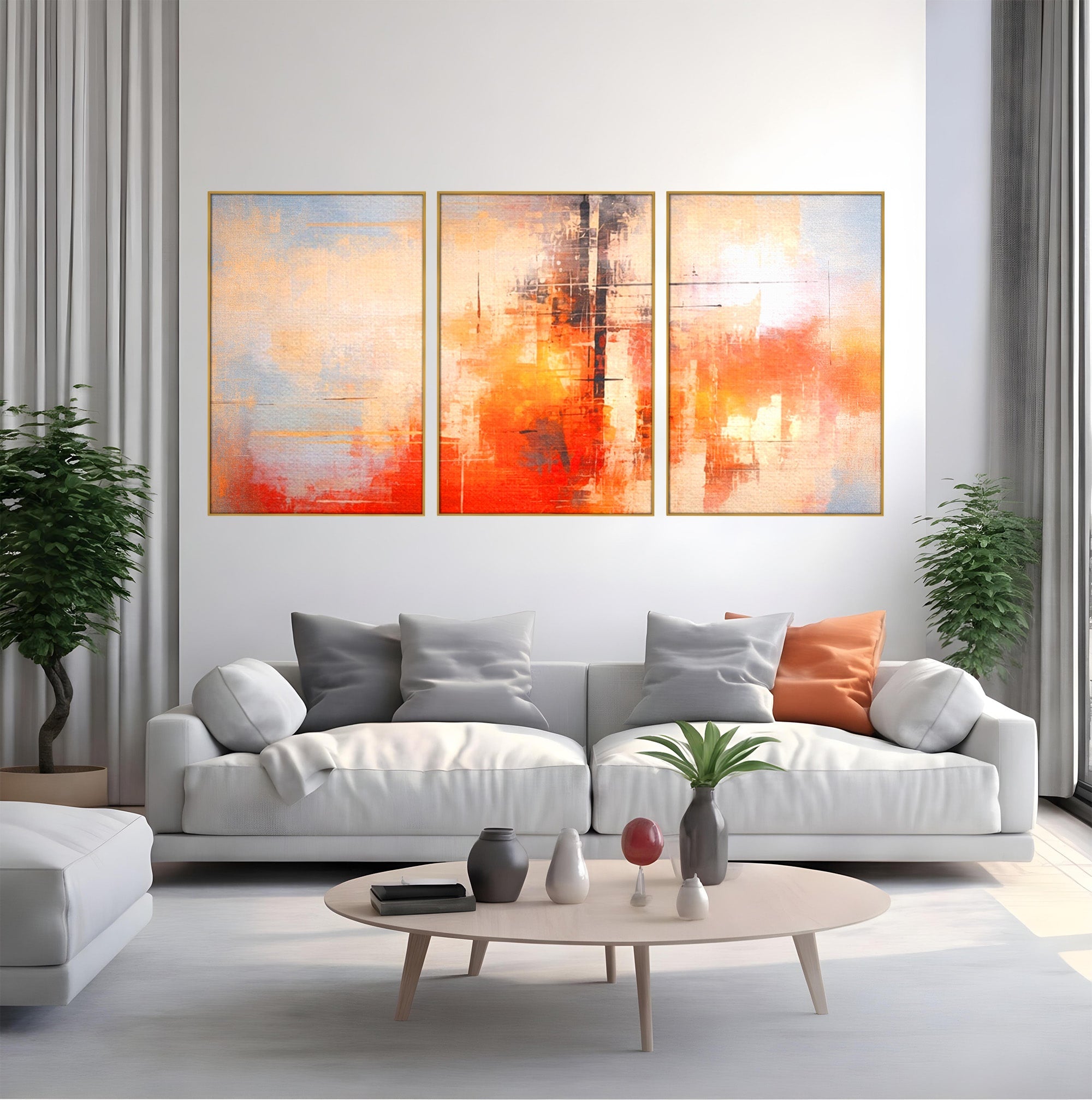 Set 3 Tablouri Canvas Premium LuxCanva® C3-1314, Intre Cer si Beton, Culori, Abstract, Dinamism, Modern, Portocaliu, Rosu, Gri, Conectare, Retea, Structura, Arhitectural, Ziduri, Birou, Living, Dormitor