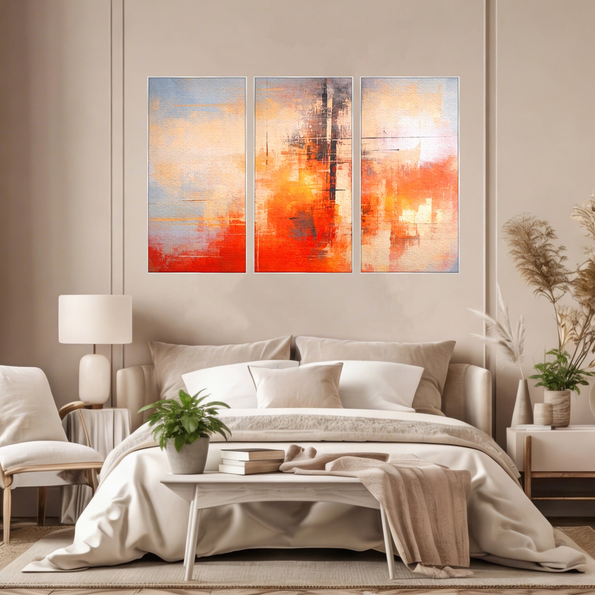 Set 3 Tablouri Canvas Premium LuxCanva® C3-1314, Intre Cer si Beton, Culori, Abstract, Dinamism, Modern, Portocaliu, Rosu, Gri, Conectare, Retea, Structura, Arhitectural, Ziduri, Birou, Living, Dormitor
