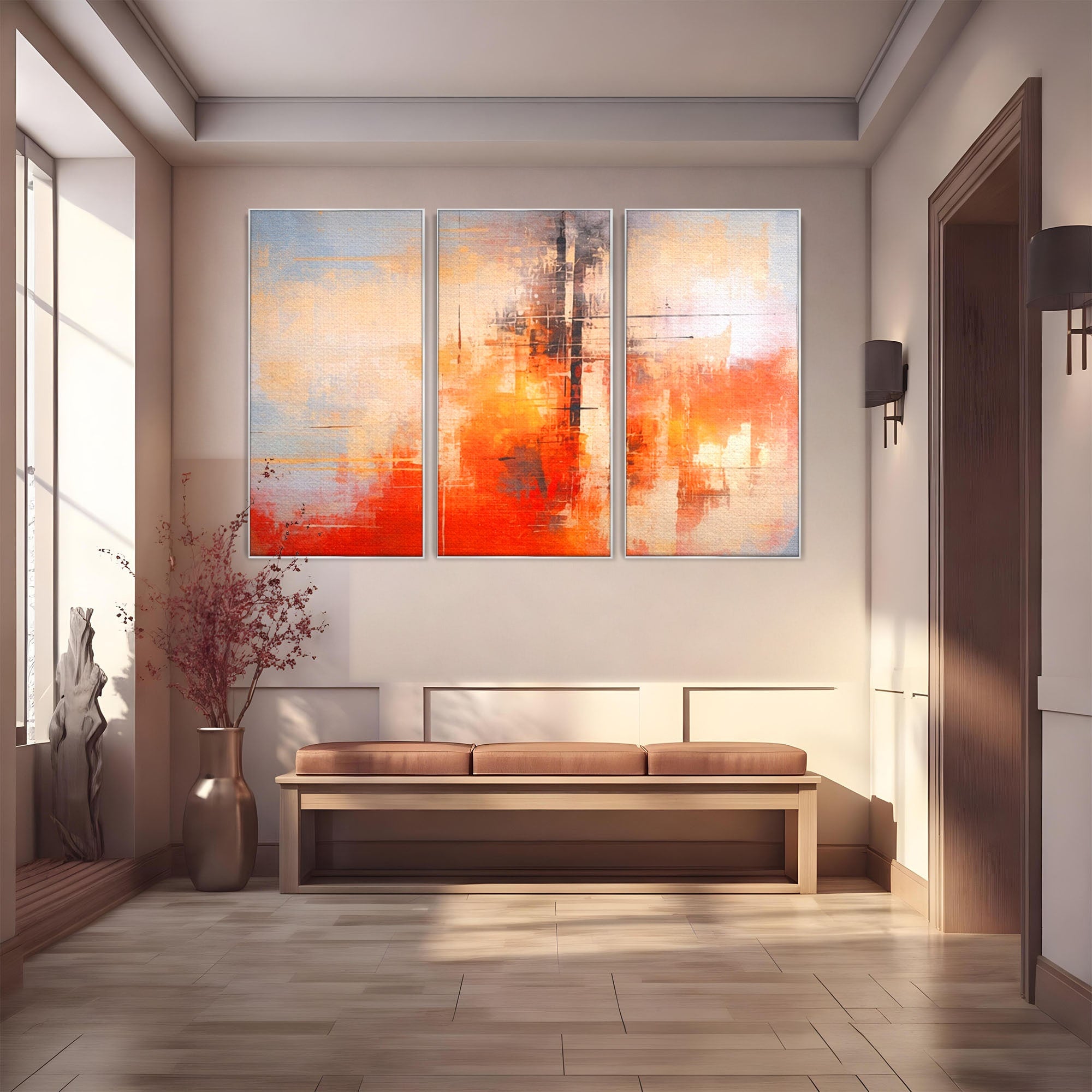 Set 3 Tablouri Canvas Premium LuxCanva® C3-1314, Intre Cer si Beton, Culori, Abstract, Dinamism, Modern, Portocaliu, Rosu, Gri, Conectare, Retea, Structura, Arhitectural, Ziduri, Birou, Living, Dormitor