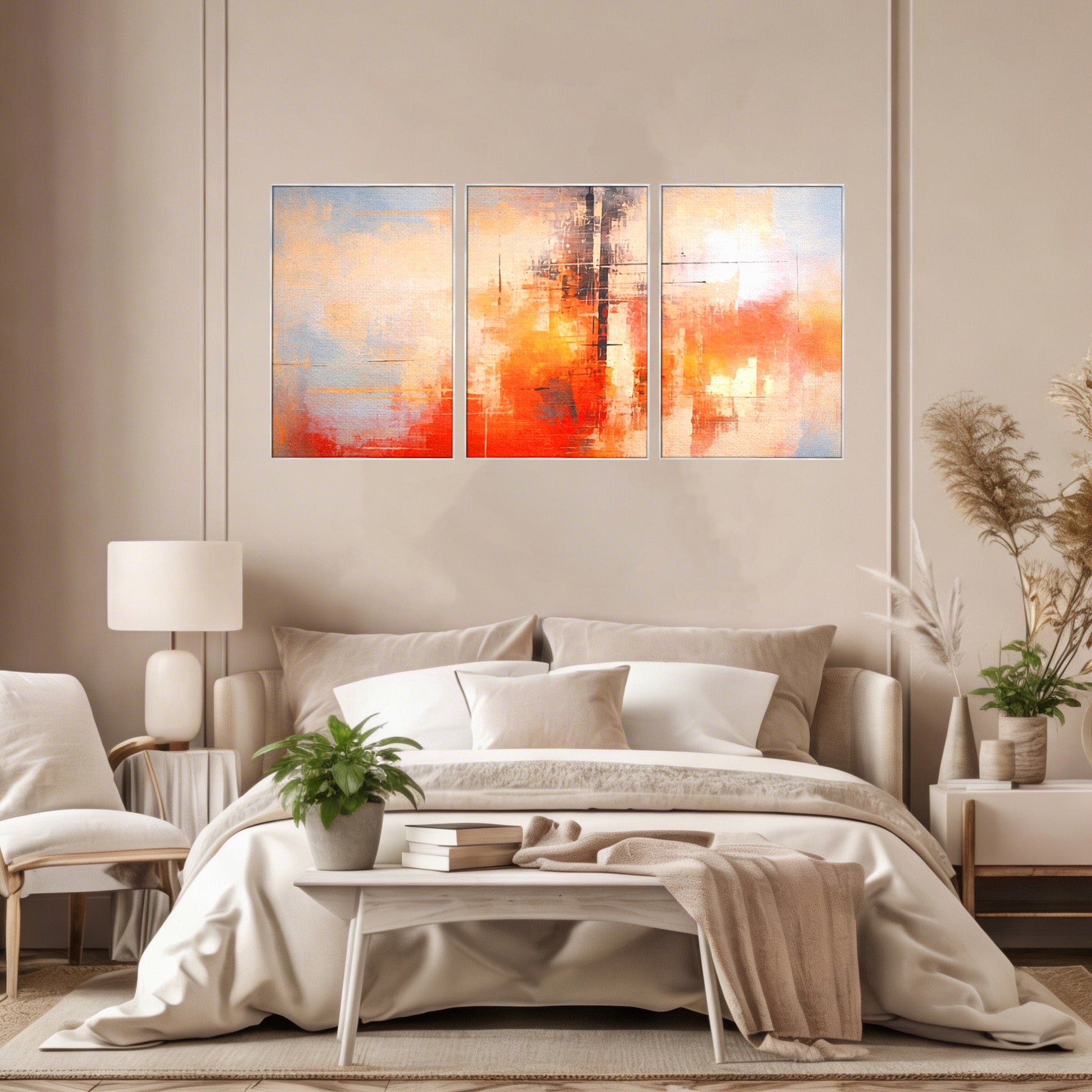 Set 3 Tablouri Canvas Premium LuxCanva® C3-1314, Intre Cer si Beton, Culori, Abstract, Dinamism, Modern, Portocaliu, Rosu, Gri, Conectare, Retea, Structura, Arhitectural, Ziduri, Birou, Living, Dormitor