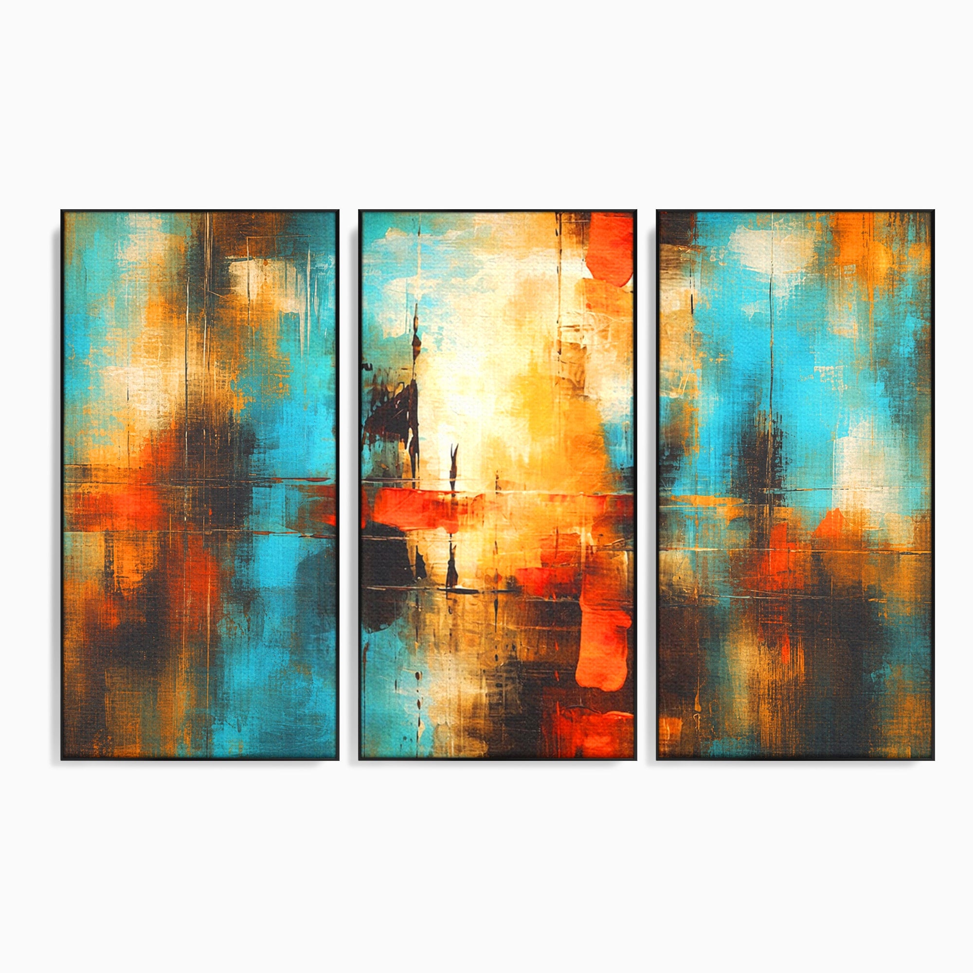 Set 3 Tablouri Canvas Premium LuxCanva® C3-1315, Ardere Lenta, Culori, Abstract, Dinamism, Modern, Portocaliu, Rosu, Albastru, Mare, Vapoare, Fereastra, Cer, Arhitectural, Ziduri, Birou, Living, Dormitor