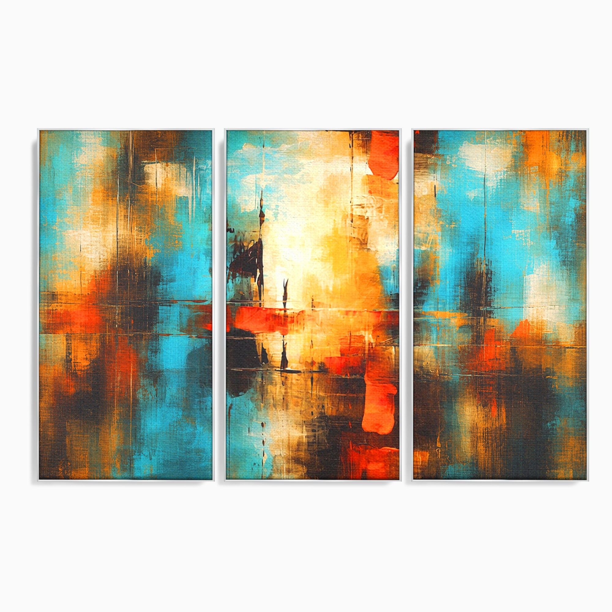 Set 3 Tablouri Canvas Premium LuxCanva® C3-1315, Ardere Lenta, Culori, Abstract, Dinamism, Modern, Portocaliu, Rosu, Albastru, Mare, Vapoare, Fereastra, Cer, Arhitectural, Ziduri, Birou, Living, Dormitor