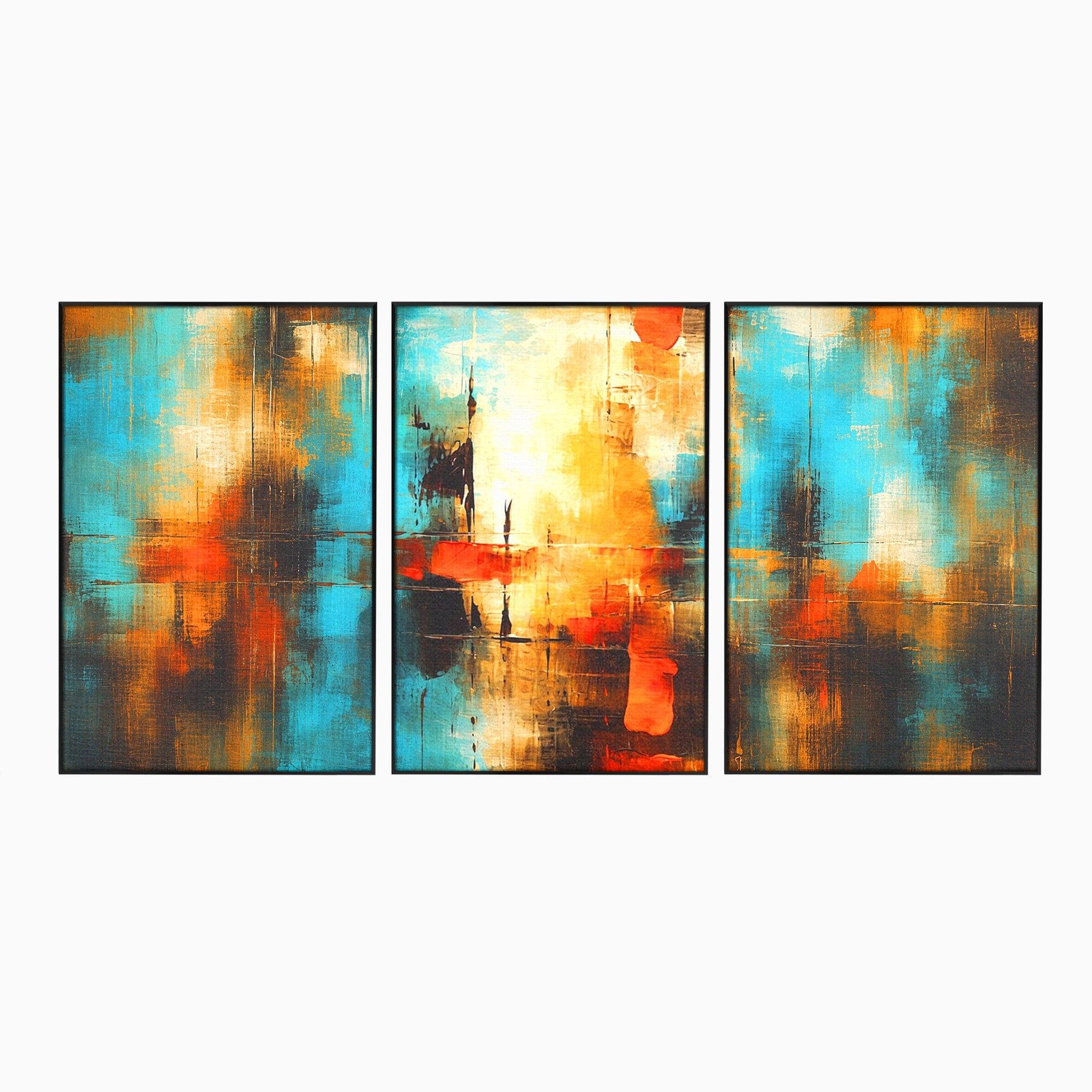 Set 3 Tablouri Canvas Premium LuxCanva® C3-1315, Ardere Lenta, Culori, Abstract, Dinamism, Modern, Portocaliu, Rosu, Albastru, Mare, Vapoare, Fereastra, Cer, Arhitectural, Ziduri, Birou, Living, Dormitor