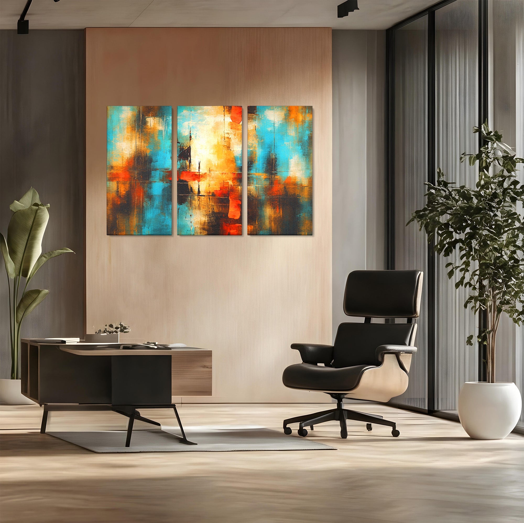 Set 3 Tablouri Canvas Premium LuxCanva® C3-1315, Ardere Lenta, Culori, Abstract, Dinamism, Modern, Portocaliu, Rosu, Albastru, Mare, Vapoare, Fereastra, Cer, Arhitectural, Ziduri, Birou, Living, Dormitor