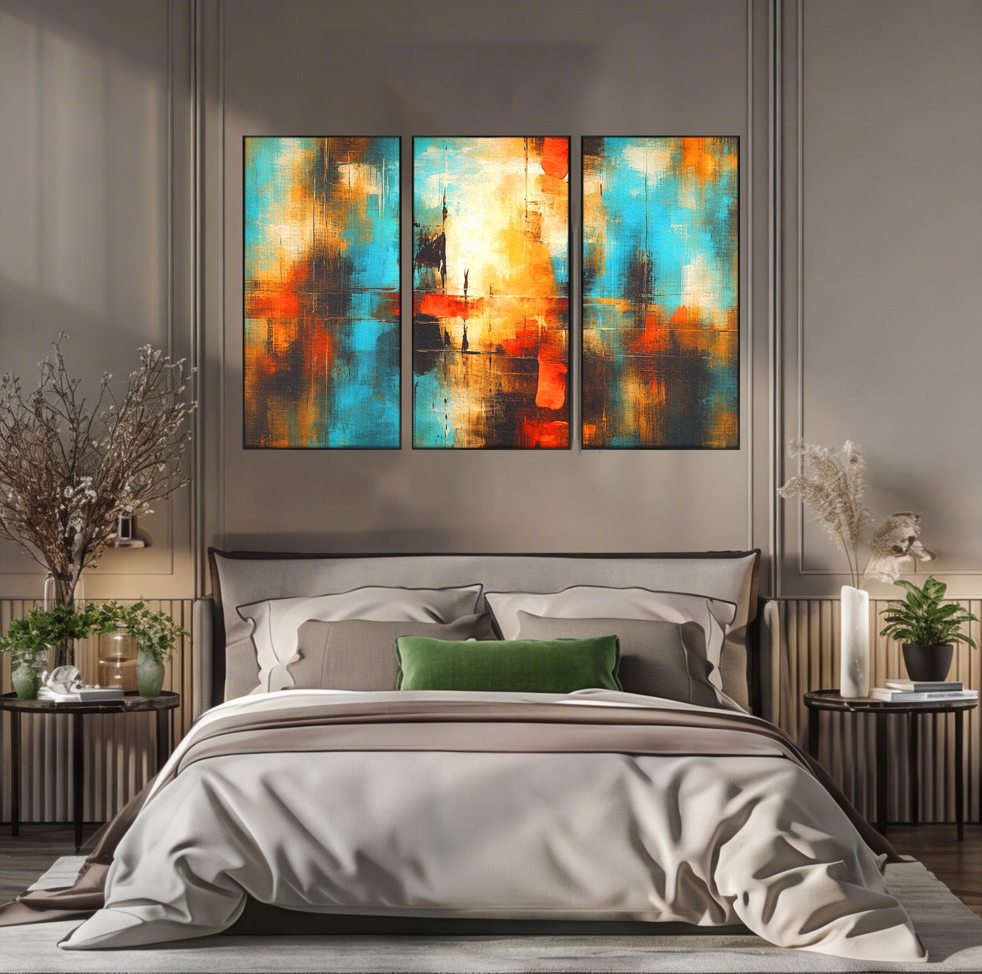 Set 3 Tablouri Canvas Premium LuxCanva® C3-1315, Ardere Lenta, Culori, Abstract, Dinamism, Modern, Portocaliu, Rosu, Albastru, Mare, Vapoare, Fereastra, Cer, Arhitectural, Ziduri, Birou, Living, Dormitor
