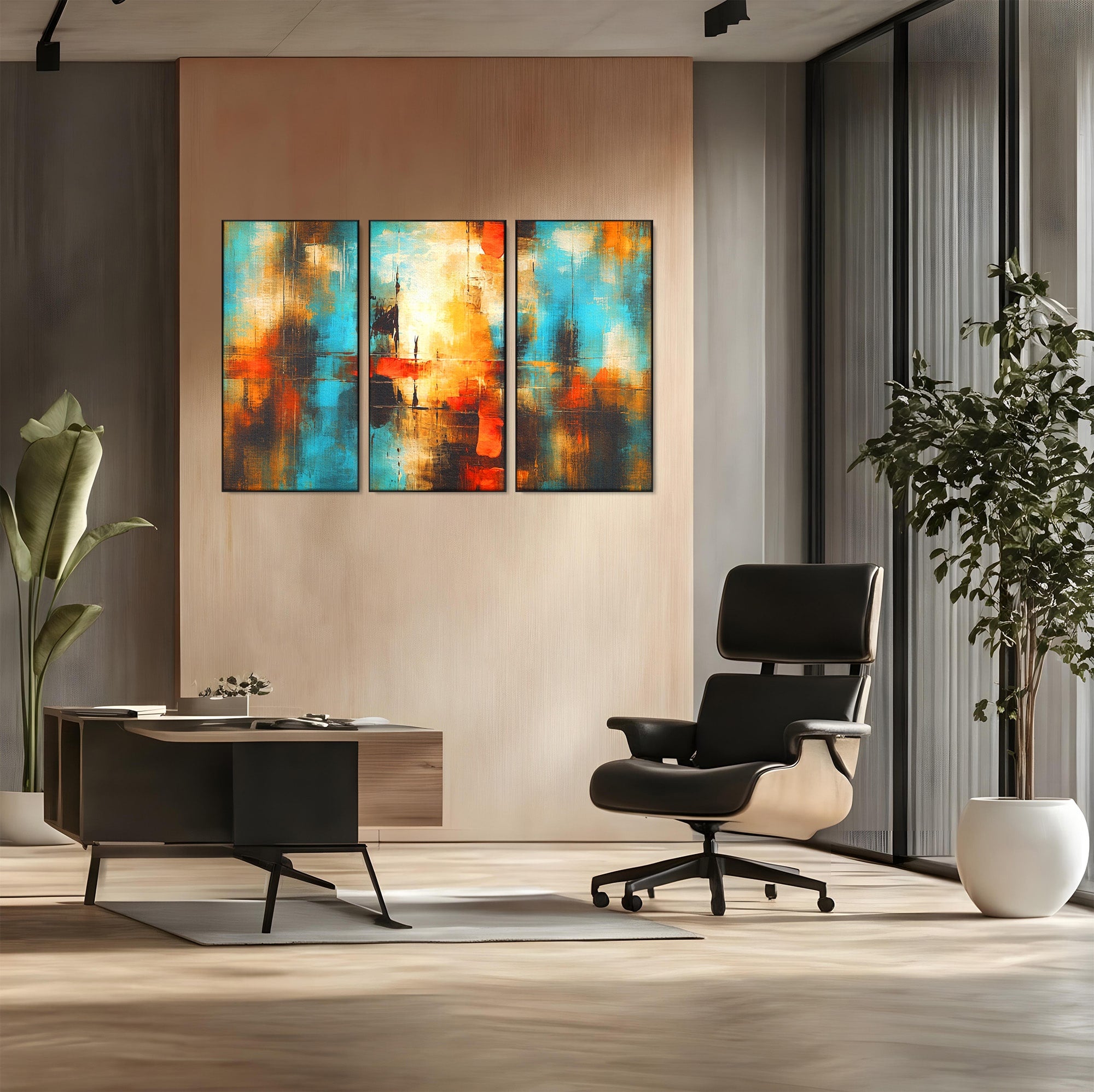 Set 3 Tablouri Canvas Premium LuxCanva® C3-1315, Ardere Lenta, Culori, Abstract, Dinamism, Modern, Portocaliu, Rosu, Albastru, Mare, Vapoare, Fereastra, Cer, Arhitectural, Ziduri, Birou, Living, Dormitor