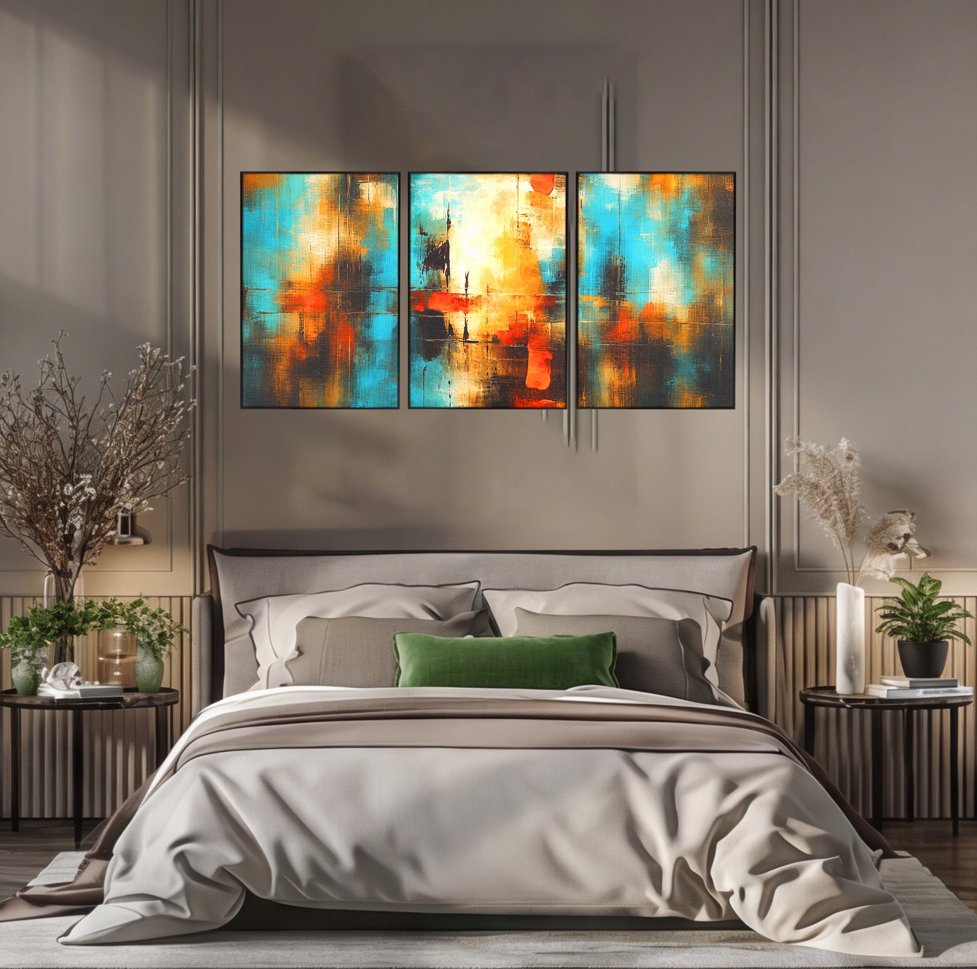 Set 3 Tablouri Canvas Premium LuxCanva® C3-1315, Ardere Lenta, Culori, Abstract, Dinamism, Modern, Portocaliu, Rosu, Albastru, Mare, Vapoare, Fereastra, Cer, Arhitectural, Ziduri, Birou, Living, Dormitor