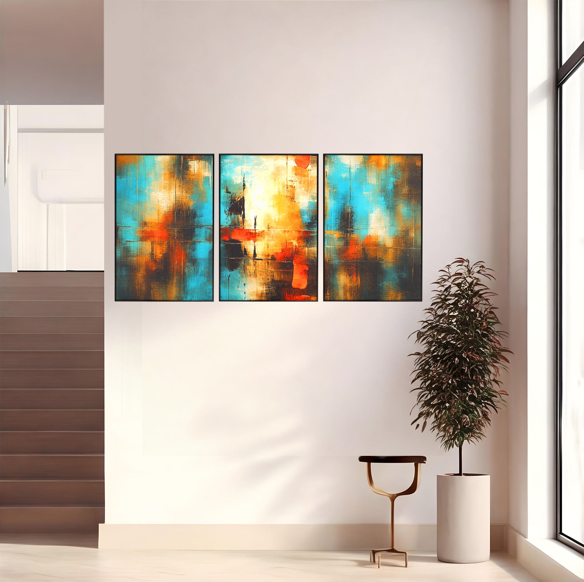 Set 3 Tablouri Canvas Premium LuxCanva® C3-1315, Ardere Lenta, Culori, Abstract, Dinamism, Modern, Portocaliu, Rosu, Albastru, Mare, Vapoare, Fereastra, Cer, Arhitectural, Ziduri, Birou, Living, Dormitor