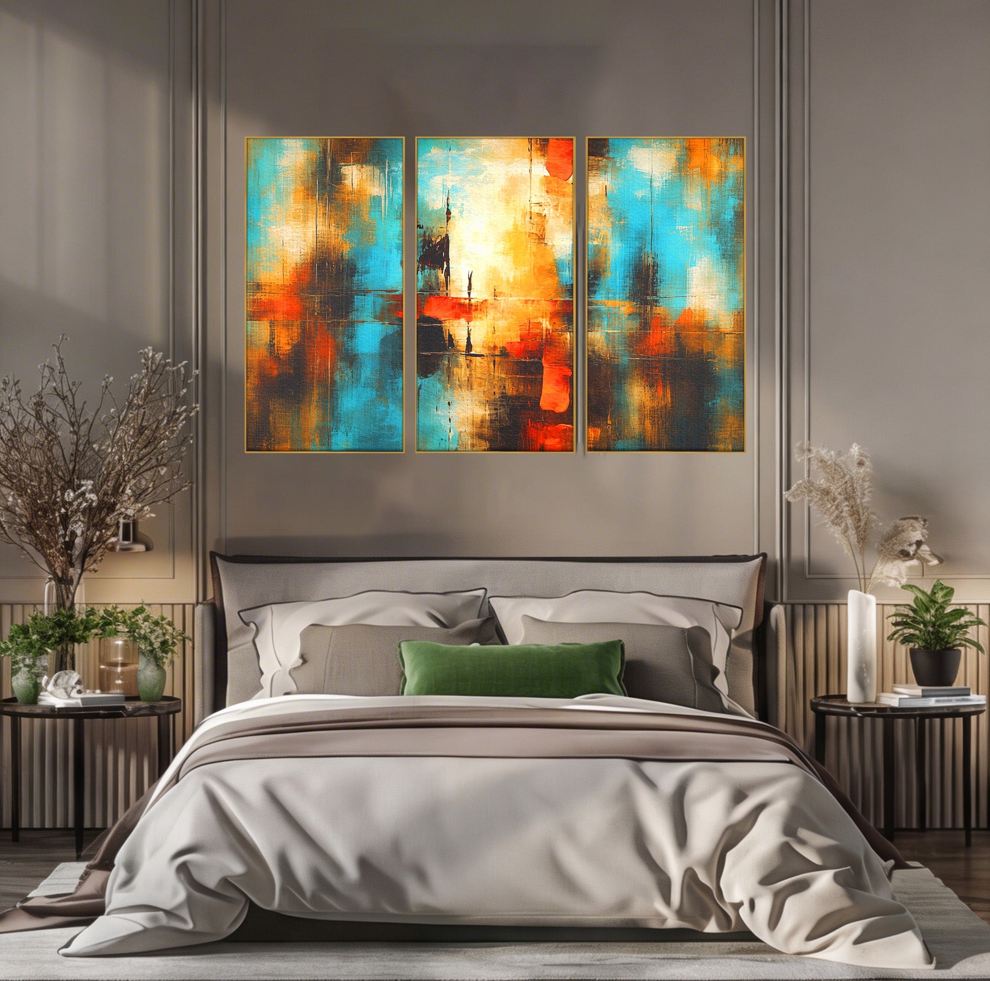 Set 3 Tablouri Canvas Premium LuxCanva® C3-1315, Ardere Lenta, Culori, Abstract, Dinamism, Modern, Portocaliu, Rosu, Albastru, Mare, Vapoare, Fereastra, Cer, Arhitectural, Ziduri, Birou, Living, Dormitor