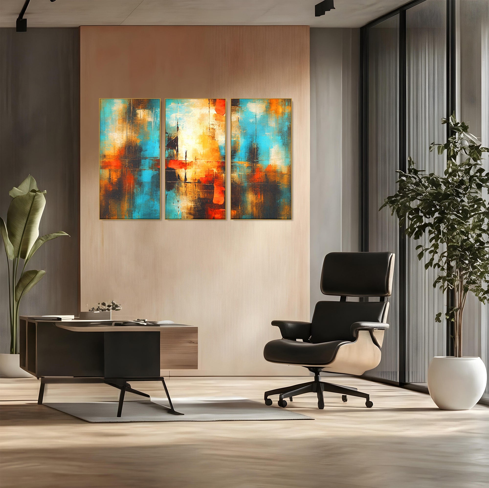 Set 3 Tablouri Canvas Premium LuxCanva® C3-1315, Ardere Lenta, Culori, Abstract, Dinamism, Modern, Portocaliu, Rosu, Albastru, Mare, Vapoare, Fereastra, Cer, Arhitectural, Ziduri, Birou, Living, Dormitor