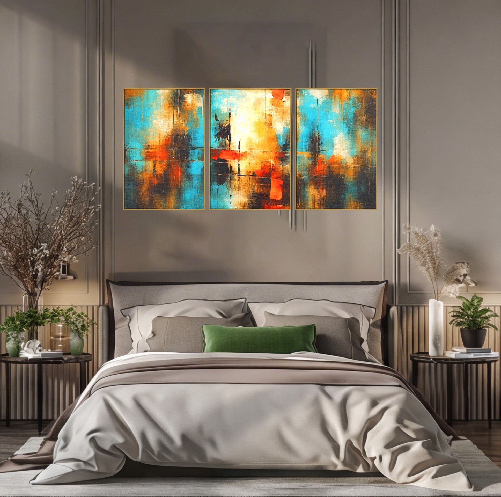 Set 3 Tablouri Canvas Premium LuxCanva® C3-1315, Ardere Lenta, Culori, Abstract, Dinamism, Modern, Portocaliu, Rosu, Albastru, Mare, Vapoare, Fereastra, Cer, Arhitectural, Ziduri, Birou, Living, Dormitor