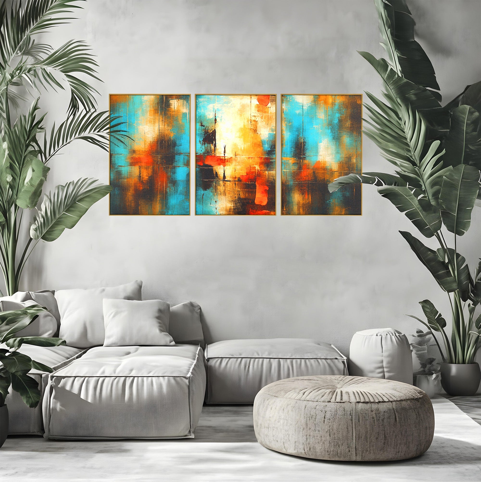 Set 3 Tablouri Canvas Premium LuxCanva® C3-1315, Ardere Lenta, Culori, Abstract, Dinamism, Modern, Portocaliu, Rosu, Albastru, Mare, Vapoare, Fereastra, Cer, Arhitectural, Ziduri, Birou, Living, Dormitor