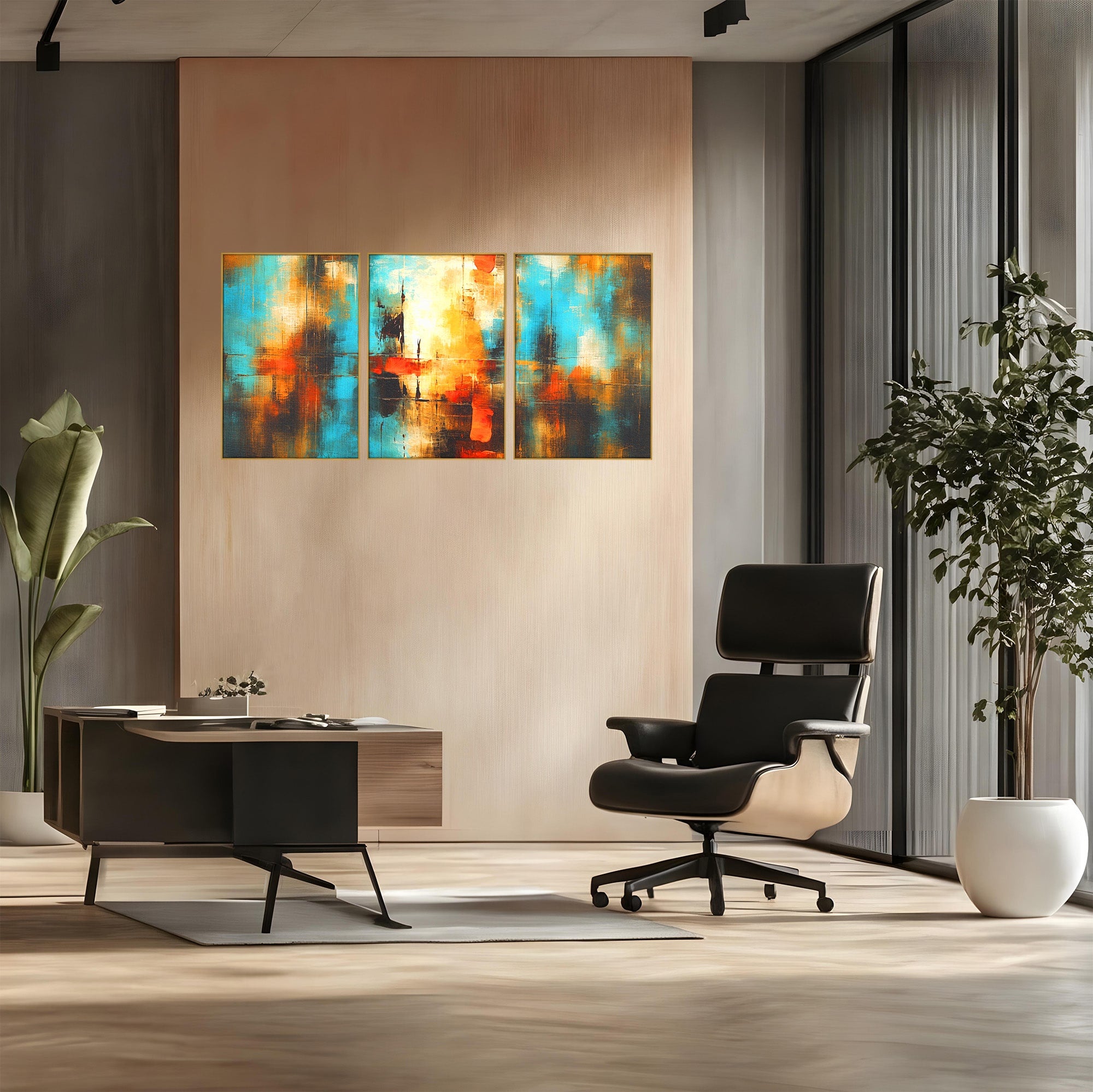 Set 3 Tablouri Canvas Premium LuxCanva® C3-1315, Ardere Lenta, Culori, Abstract, Dinamism, Modern, Portocaliu, Rosu, Albastru, Mare, Vapoare, Fereastra, Cer, Arhitectural, Ziduri, Birou, Living, Dormitor