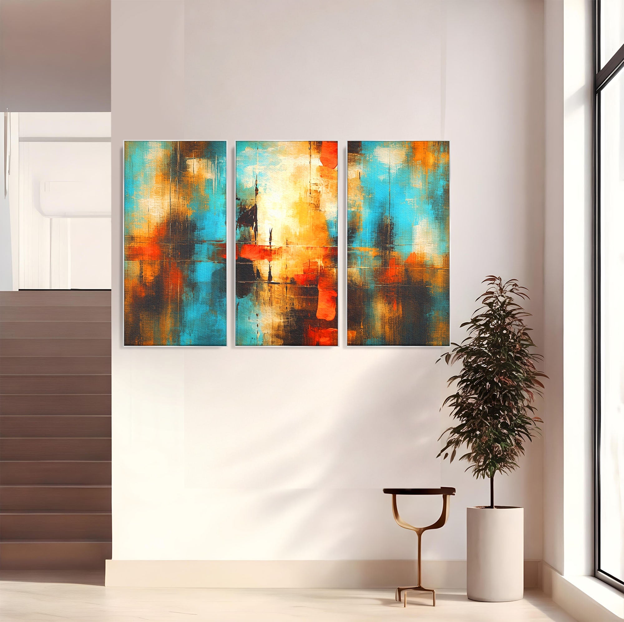 Set 3 Tablouri Canvas Premium LuxCanva® C3-1315, Ardere Lenta, Culori, Abstract, Dinamism, Modern, Portocaliu, Rosu, Albastru, Mare, Vapoare, Fereastra, Cer, Arhitectural, Ziduri, Birou, Living, Dormitor