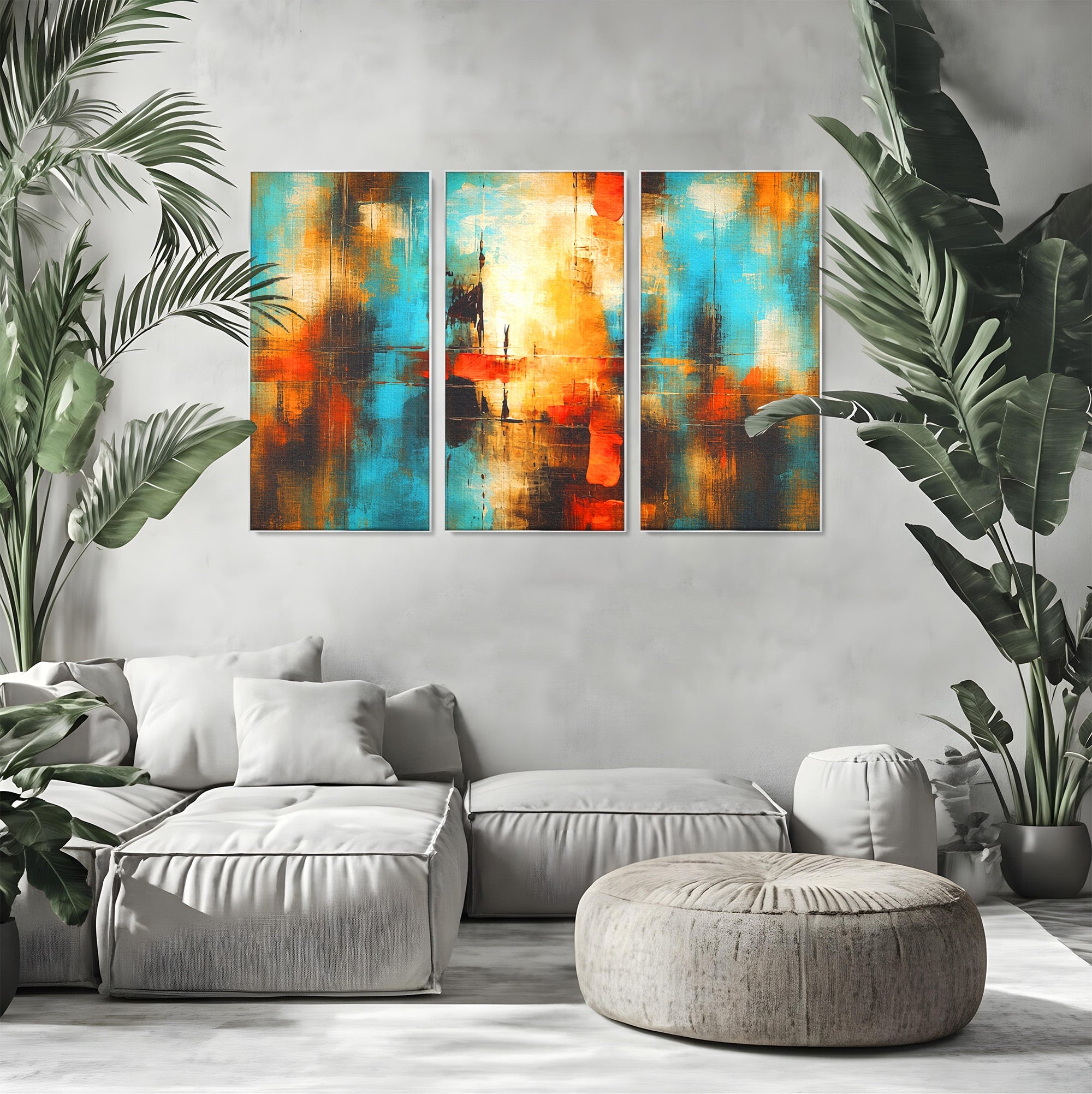 Set 3 Tablouri Canvas Premium LuxCanva® C3-1315, Ardere Lenta, Culori, Abstract, Dinamism, Modern, Portocaliu, Rosu, Albastru, Mare, Vapoare, Fereastra, Cer, Arhitectural, Ziduri, Birou, Living, Dormitor